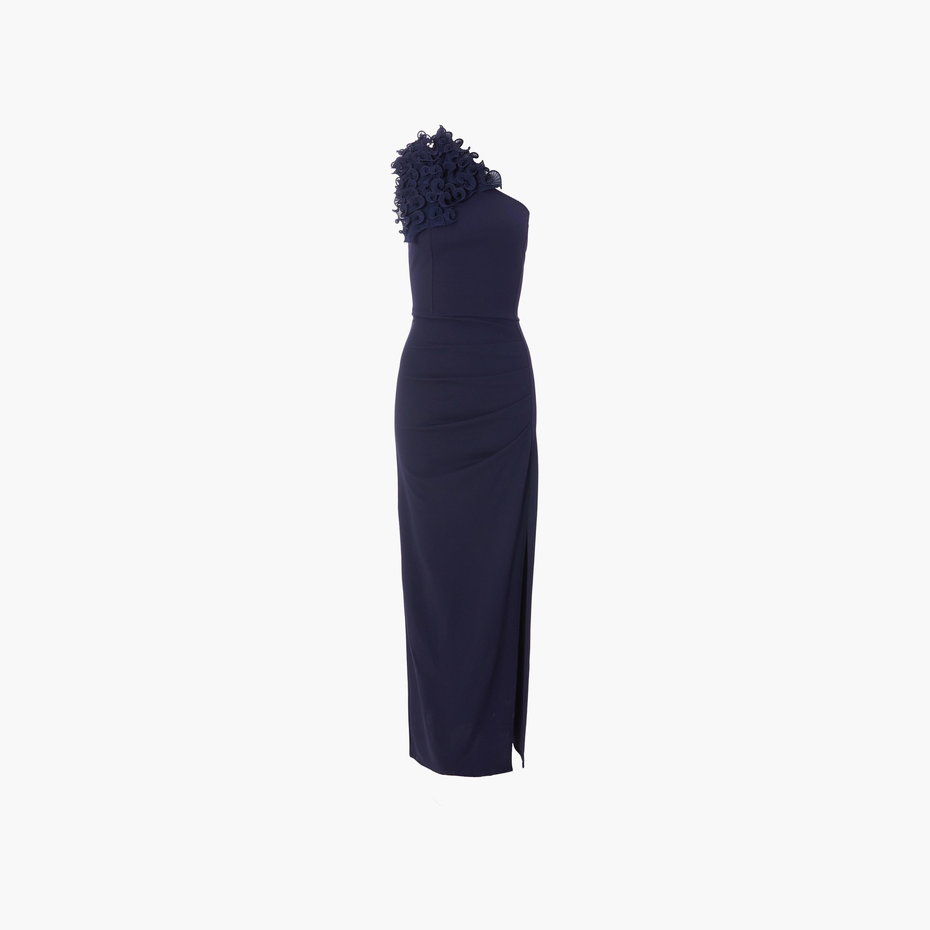 فستان ماكسي أزرق داكن بكشكشة وكتف واحد وشق للنساء من كويز-women-clothing-dresses-image-5