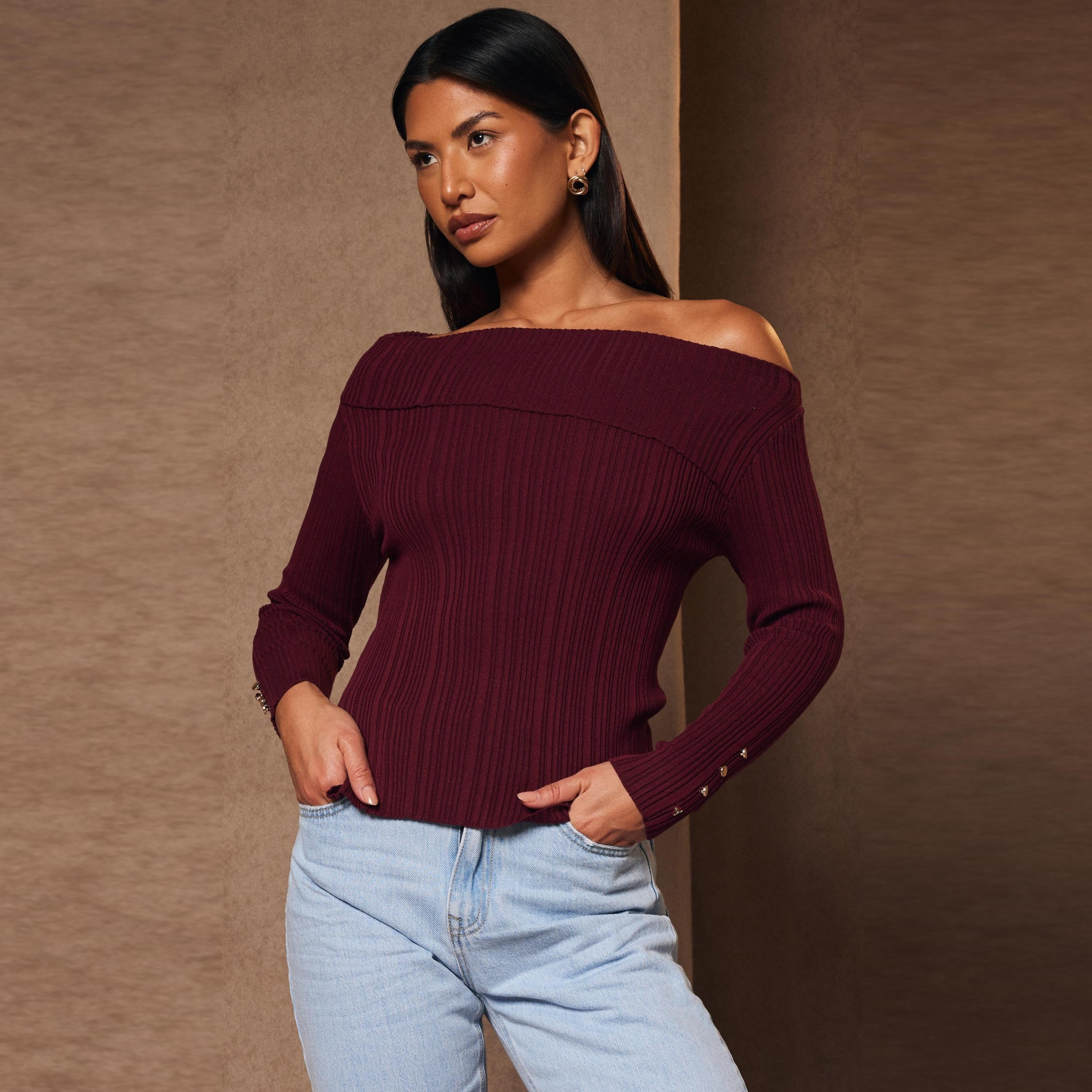 بلوزة نسائية باردو مكشوفة الكتفين محبوكة ومضلعة من كويز-women-clothing-shirtsandblouses-blouses-image-7