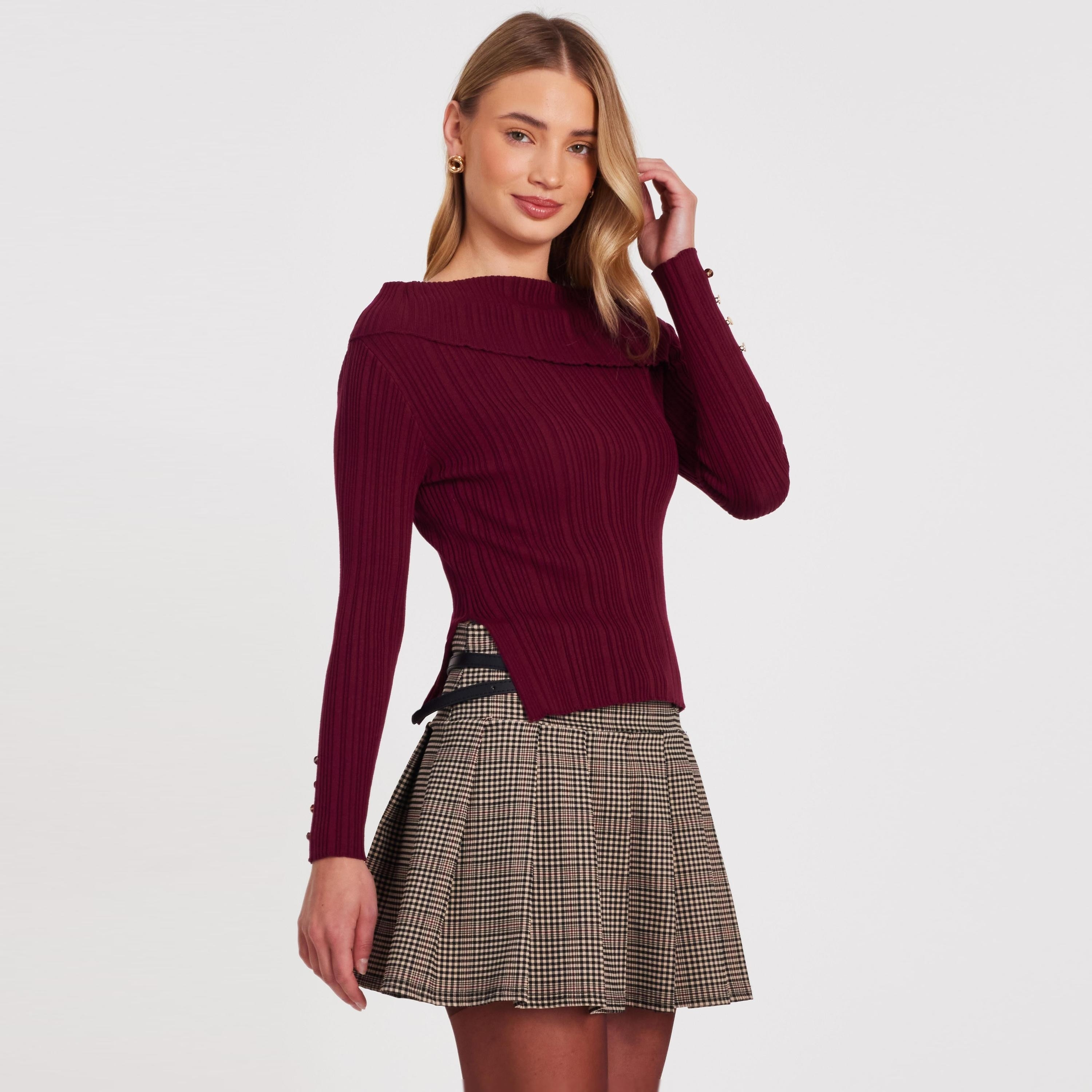بلوزة نسائية باردو مكشوفة الكتفين محبوكة ومضلعة من كويز-women-clothing-shirtsandblouses-blouses-image-8