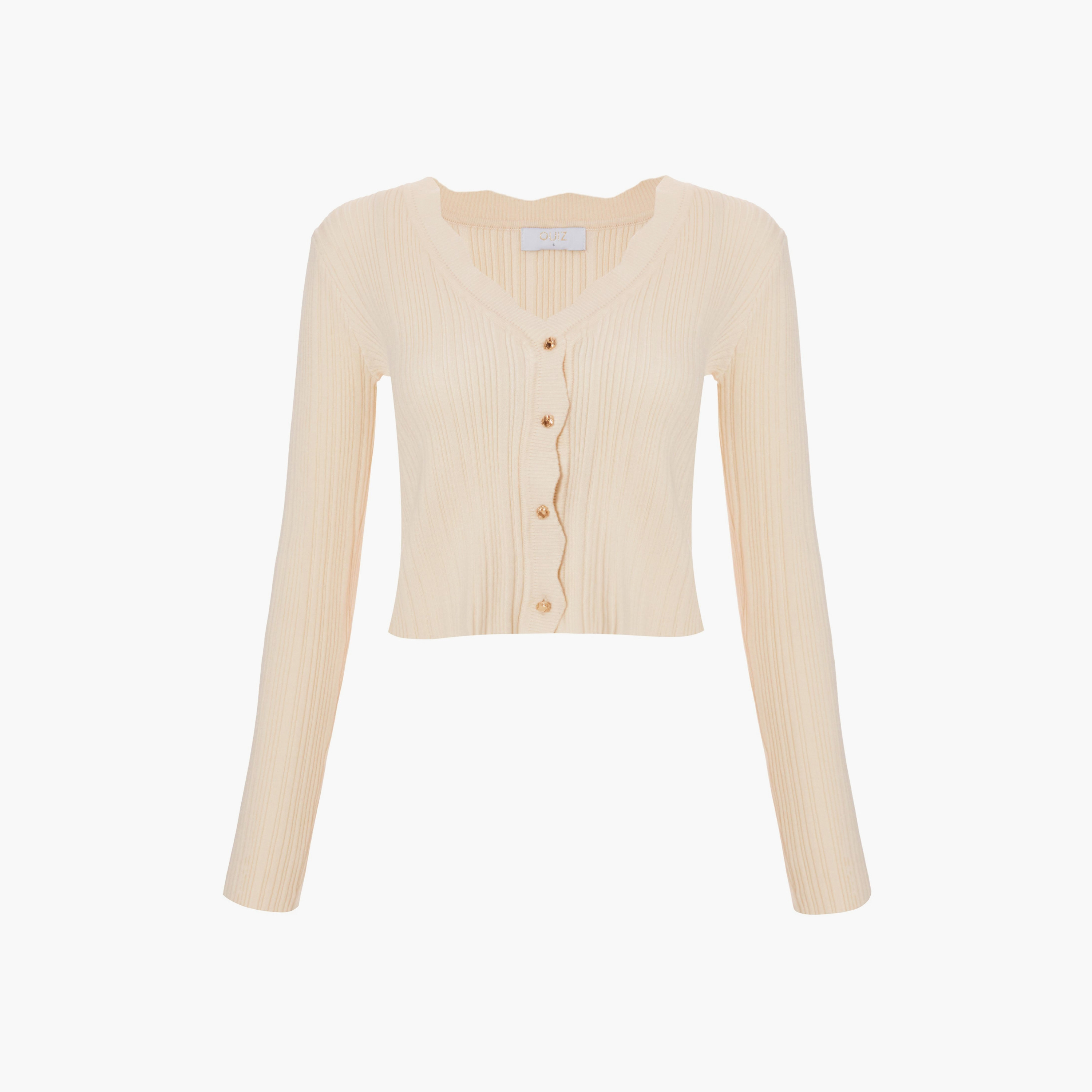 Quiz Ribbed Knit Scalloped Neck Cream Women's Cardigan-women-winterwear-cardigansandjumpers-cardigans-image-5