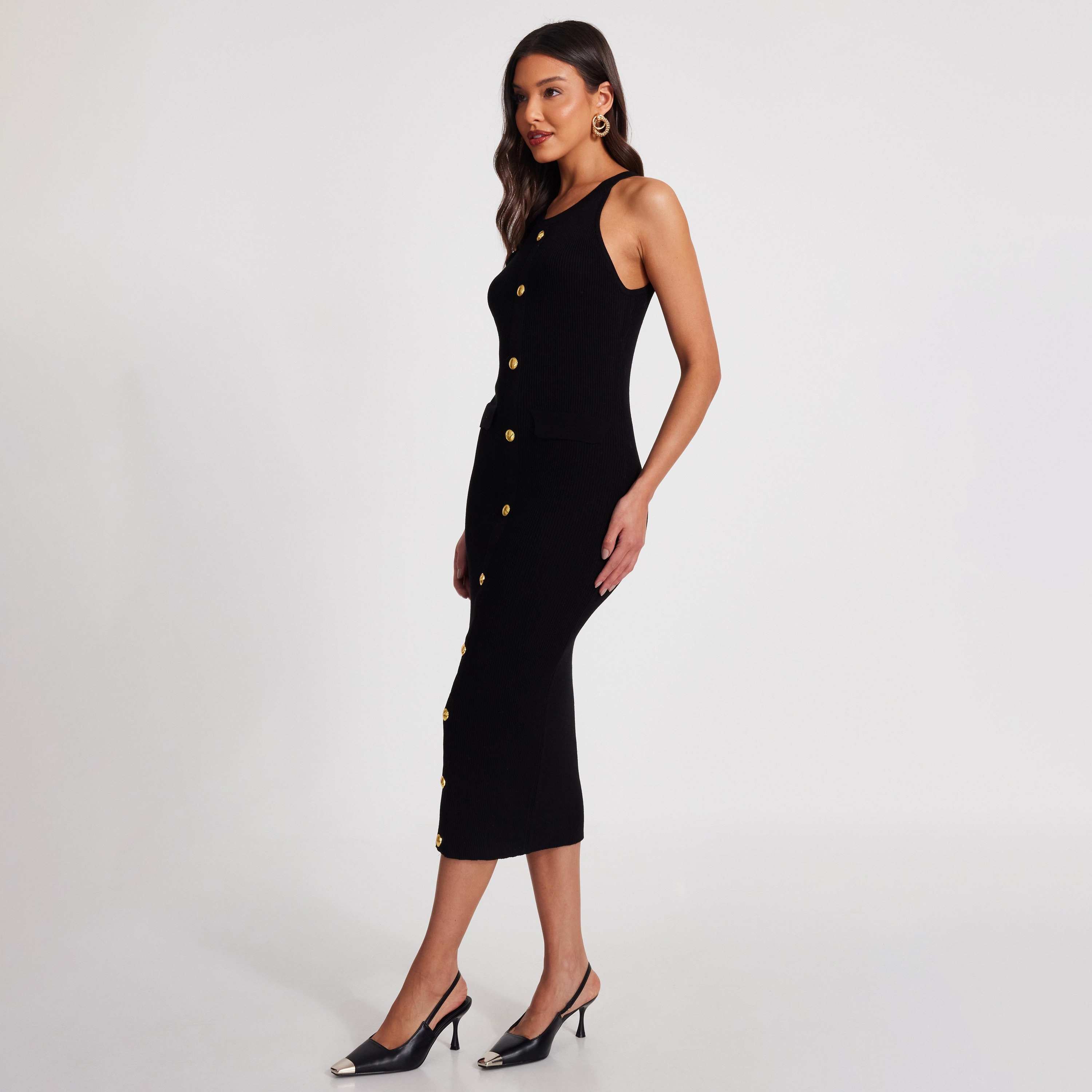 فستان نسائي أسود متوسط الطول ، مصنوع من القطن المضلع من كويز-women-clothing-dresses-image-2
