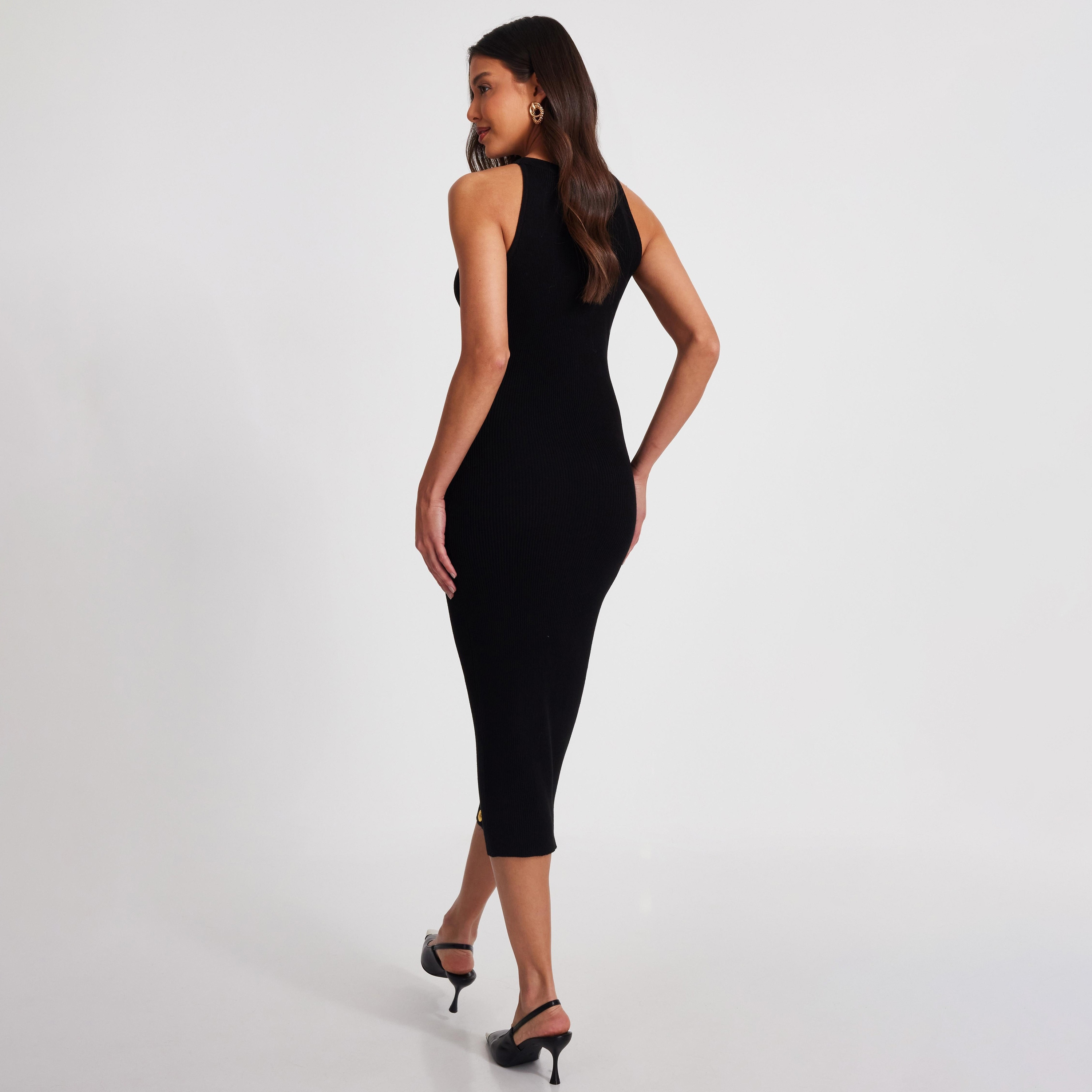 فستان نسائي أسود متوسط الطول ، مصنوع من القطن المضلع من كويز-women-clothing-dresses-image-3