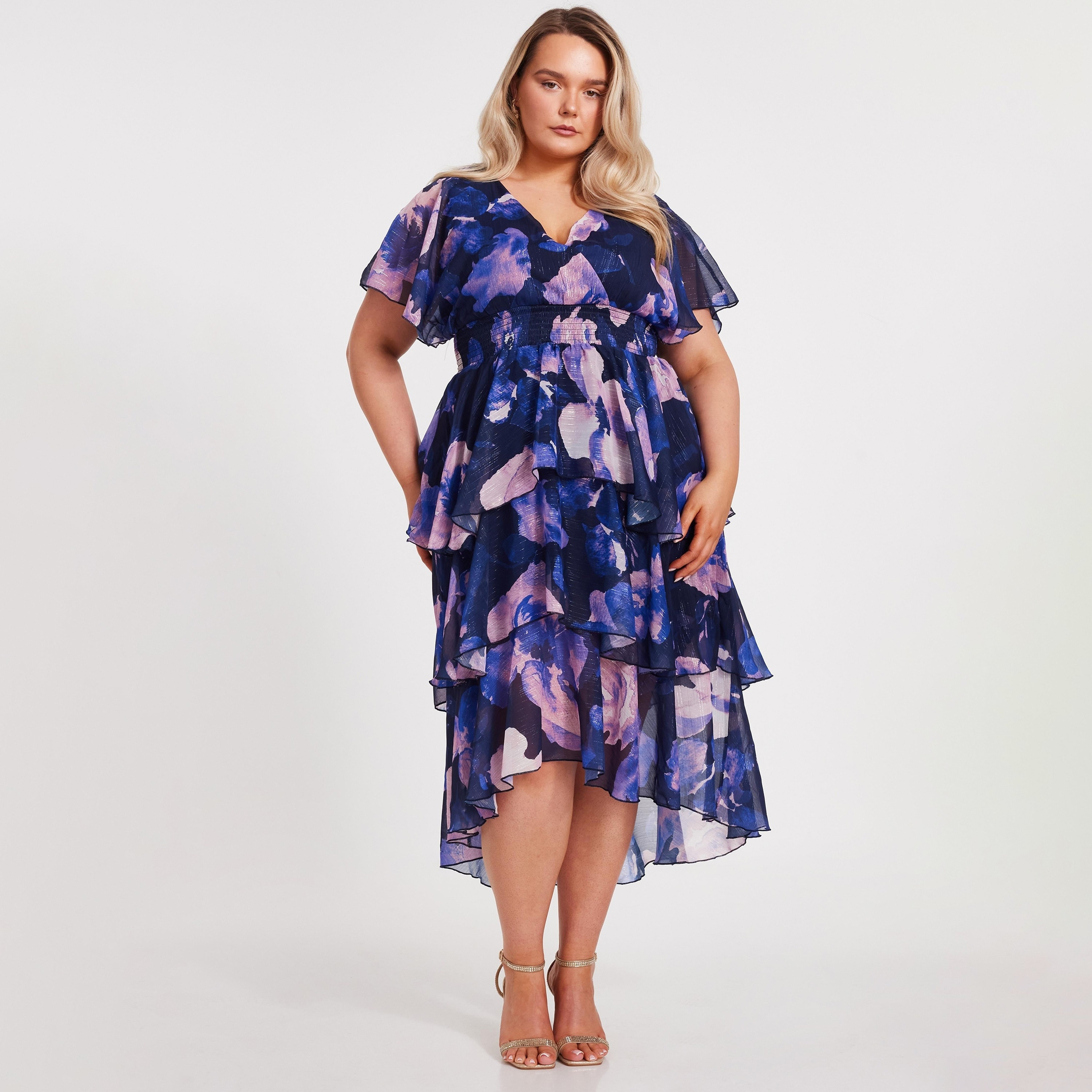 Quiz Printed Chiffon Wrap Tiered Navy Women Midi Dress-women-clothing-dresses-image-1