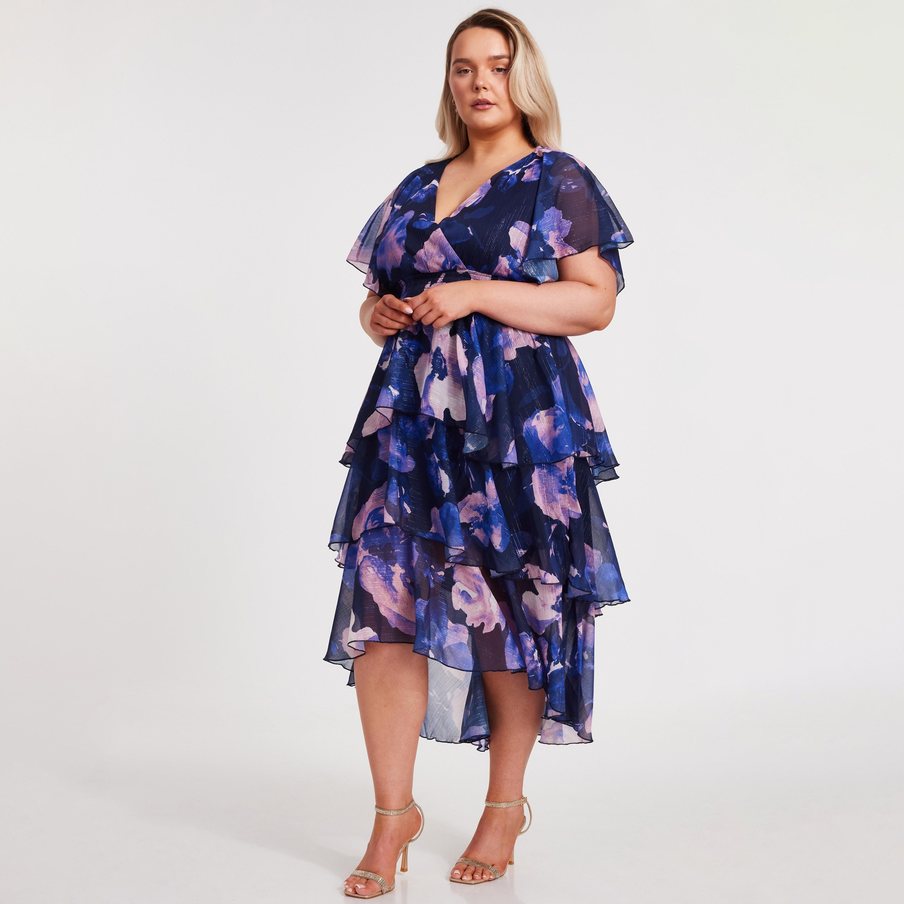 Quiz Printed Chiffon Wrap Tiered Navy Women Midi Dress-women-clothing-dresses-image-2