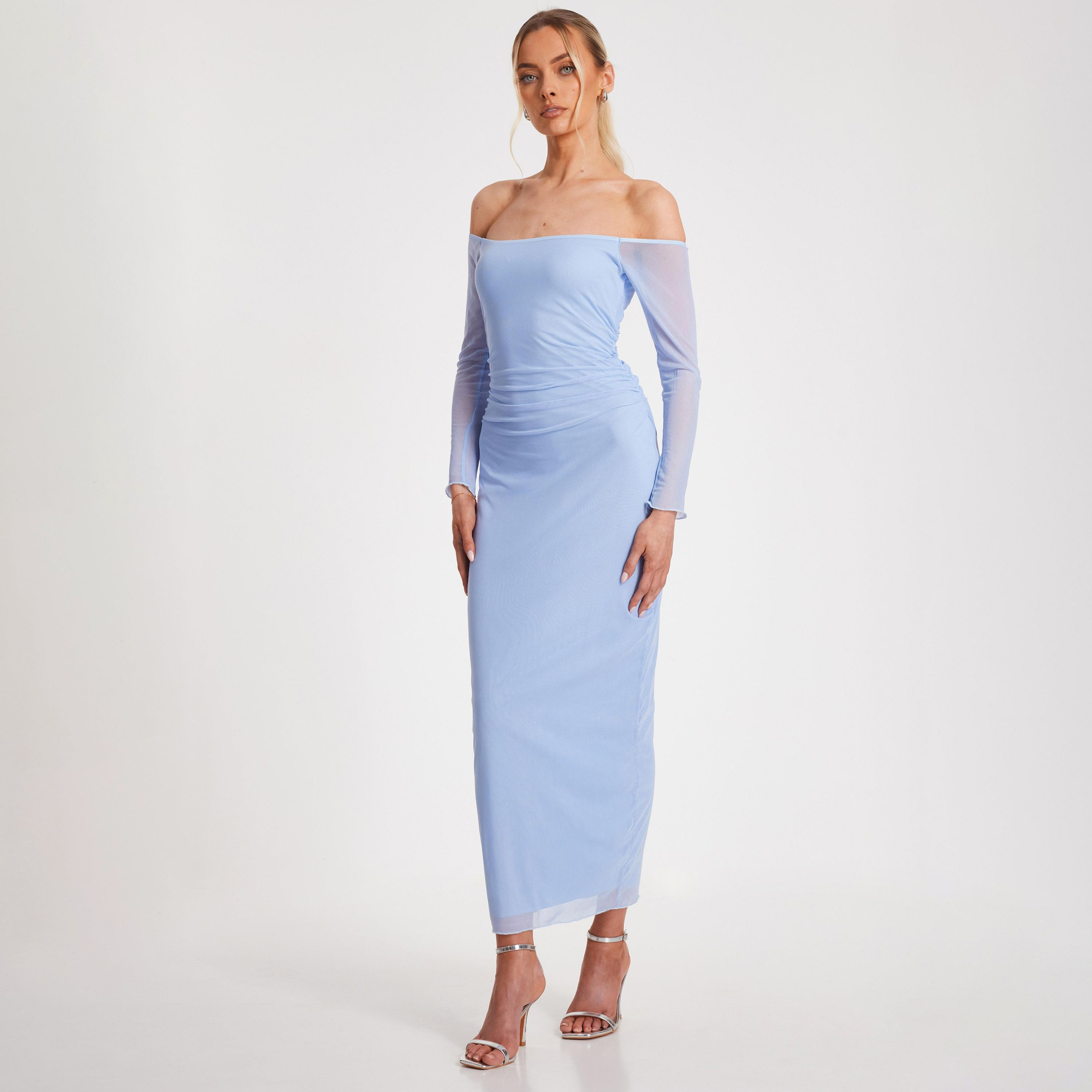 Quiz Pale Blue Bardot Mesh Women's Evening Wear Midaxi Dress-women-clothing-dresses-image-2