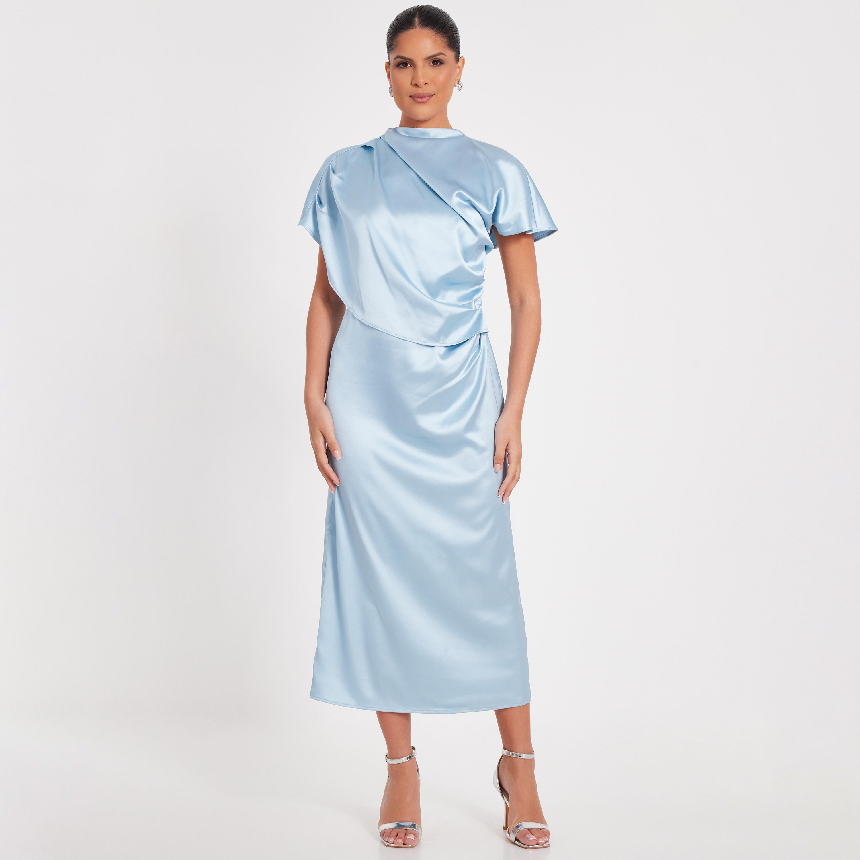 فستان أزرق متوسط الطول بأكمام منسدلة ورقبة وهمية للنساء من كويز-women-clothing-dresses-image-1