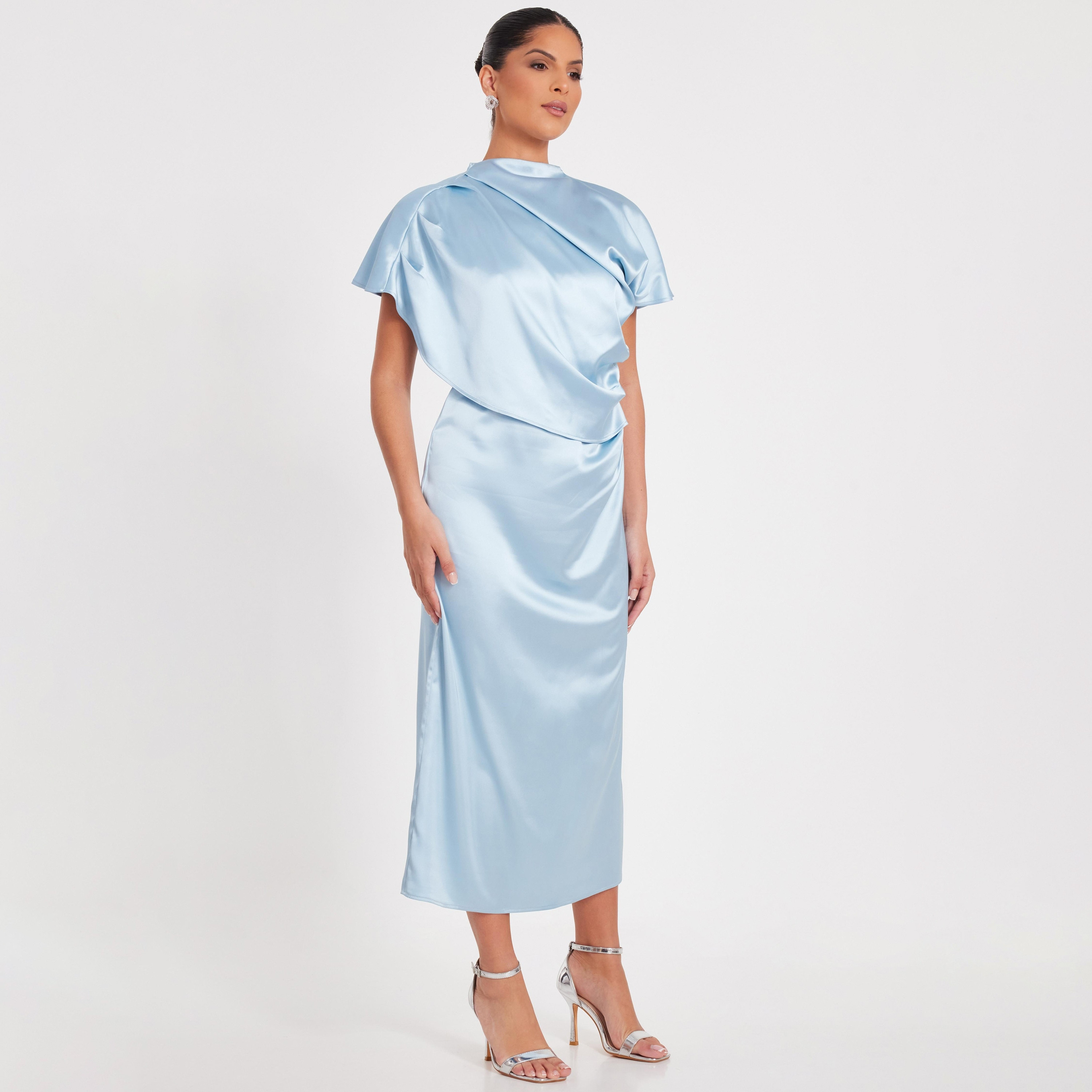 فستان أزرق متوسط الطول بأكمام منسدلة ورقبة وهمية للنساء من كويز-women-clothing-dresses-image-2