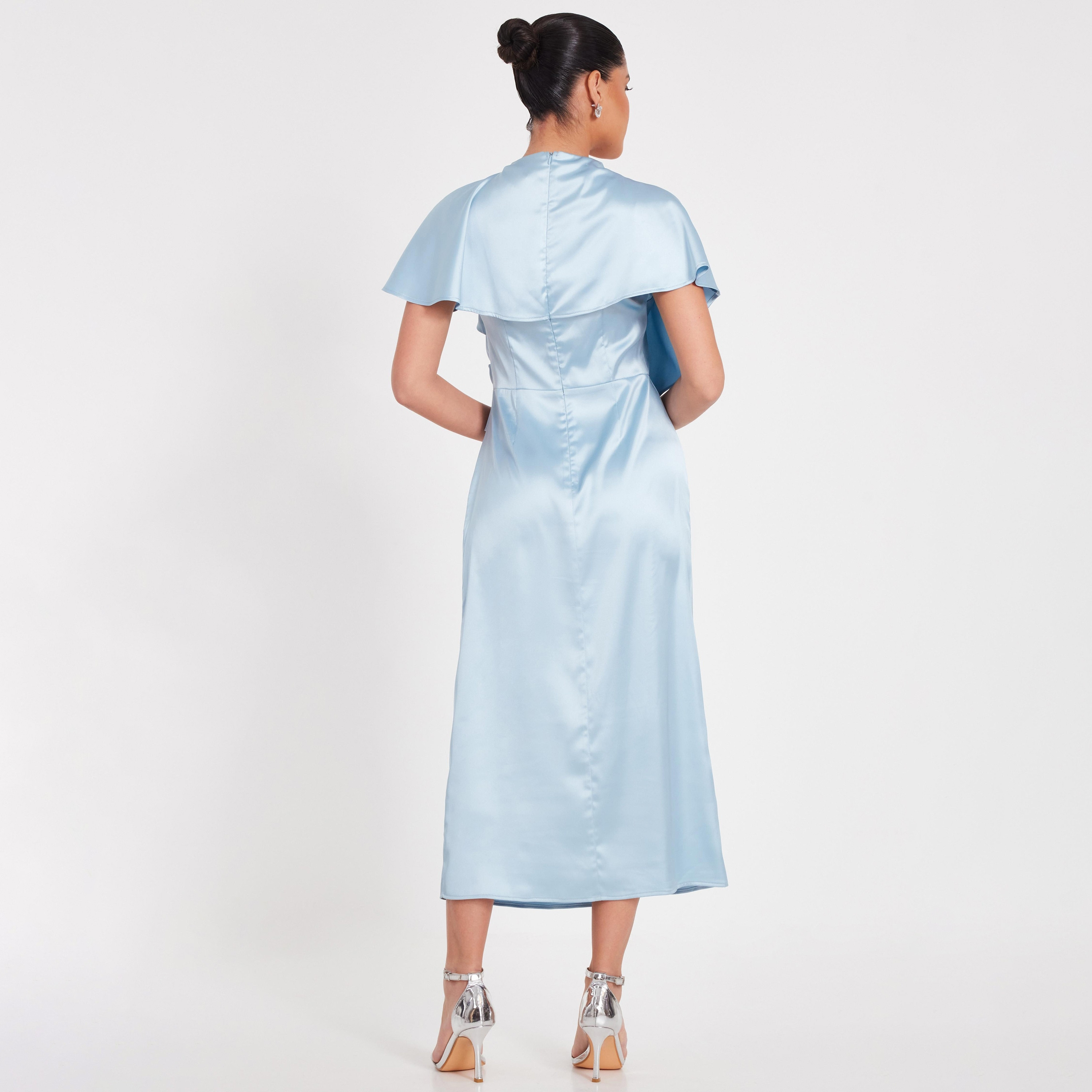 فستان أزرق متوسط الطول بأكمام منسدلة ورقبة وهمية للنساء من كويز-women-clothing-dresses-image-3