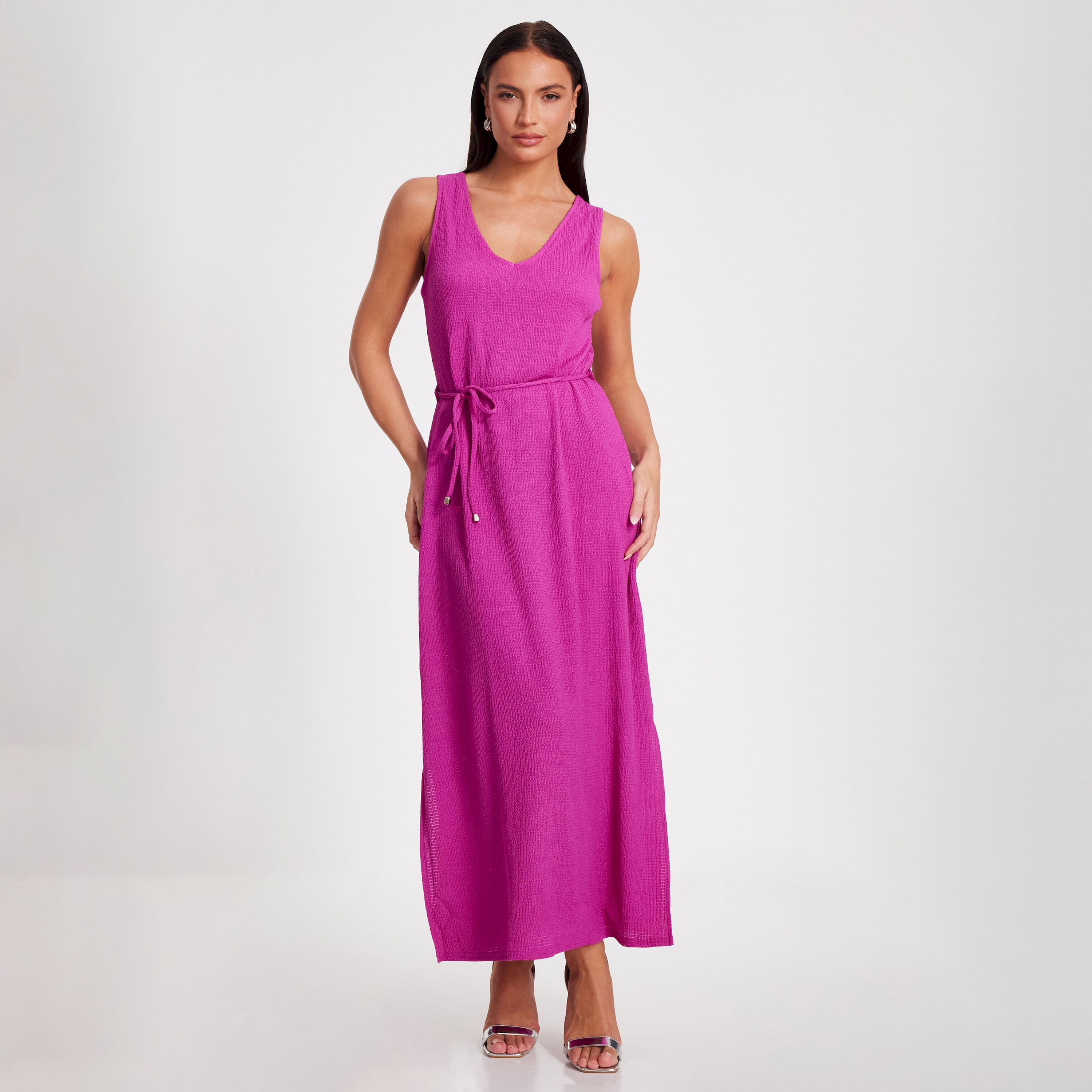 كويز-  فستان بطول متوسط (ميداكسي) أرجواني بفتحة رقبة على شكل حرف V مع حزام برباط-women-clothing-dresses-image-1