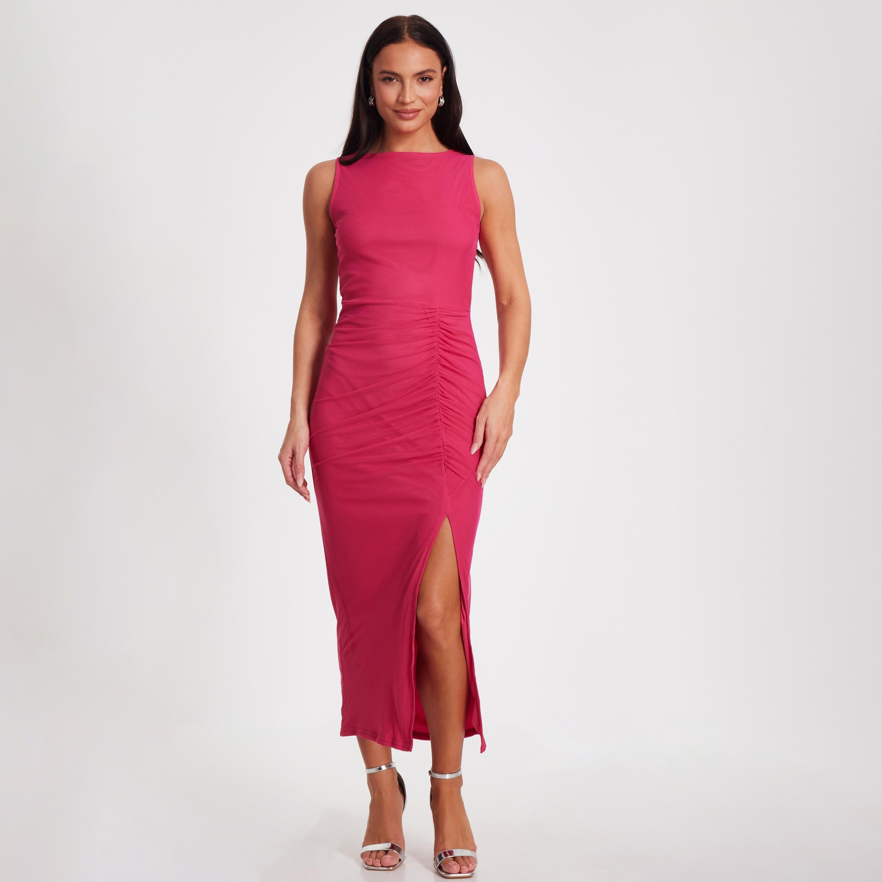 Quiz Ruched Mesh Slit Pink Women Midaxi Dress-women-clothing-dresses-image-1