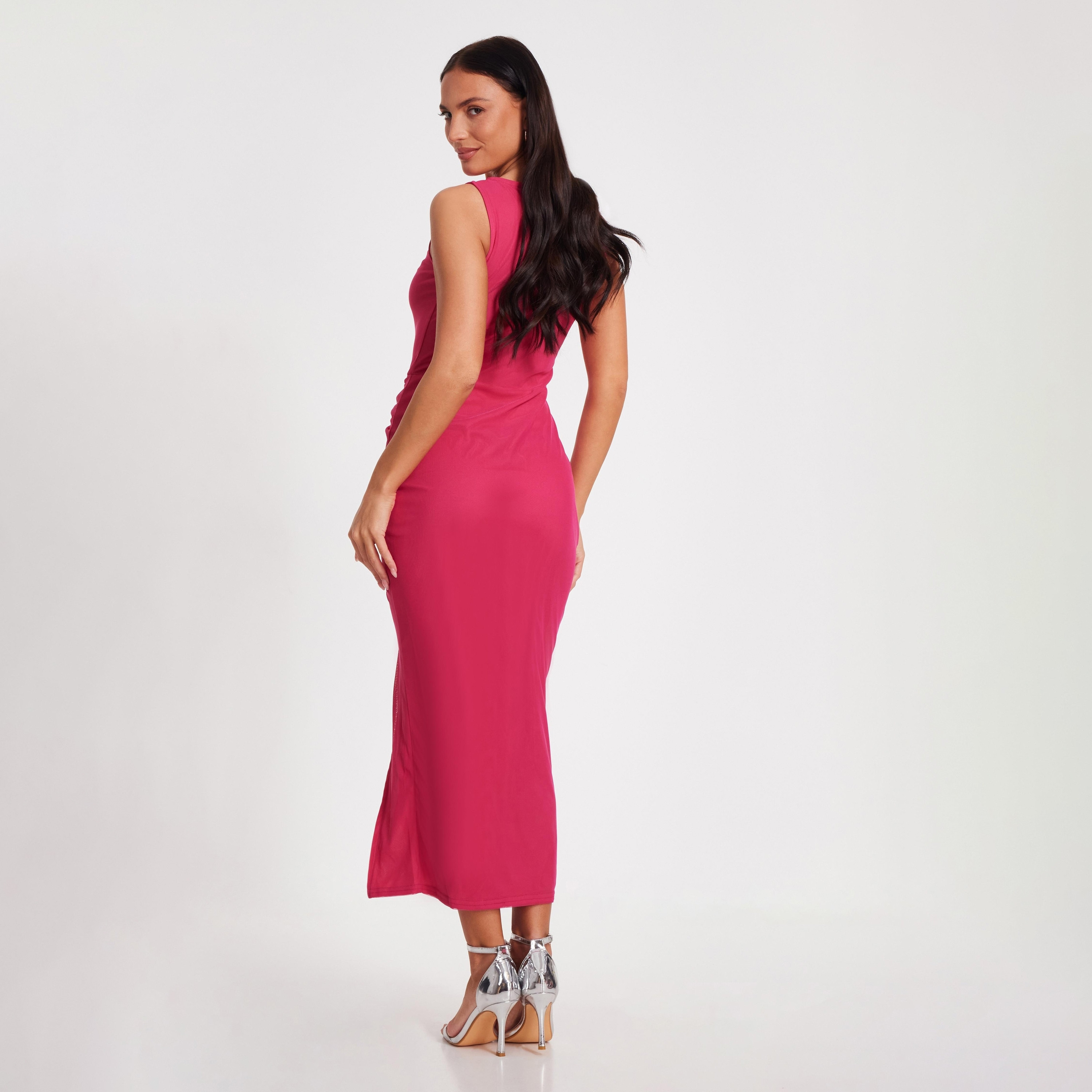 Quiz Ruched Mesh Slit Pink Women Midaxi Dress-women-clothing-dresses-image-3