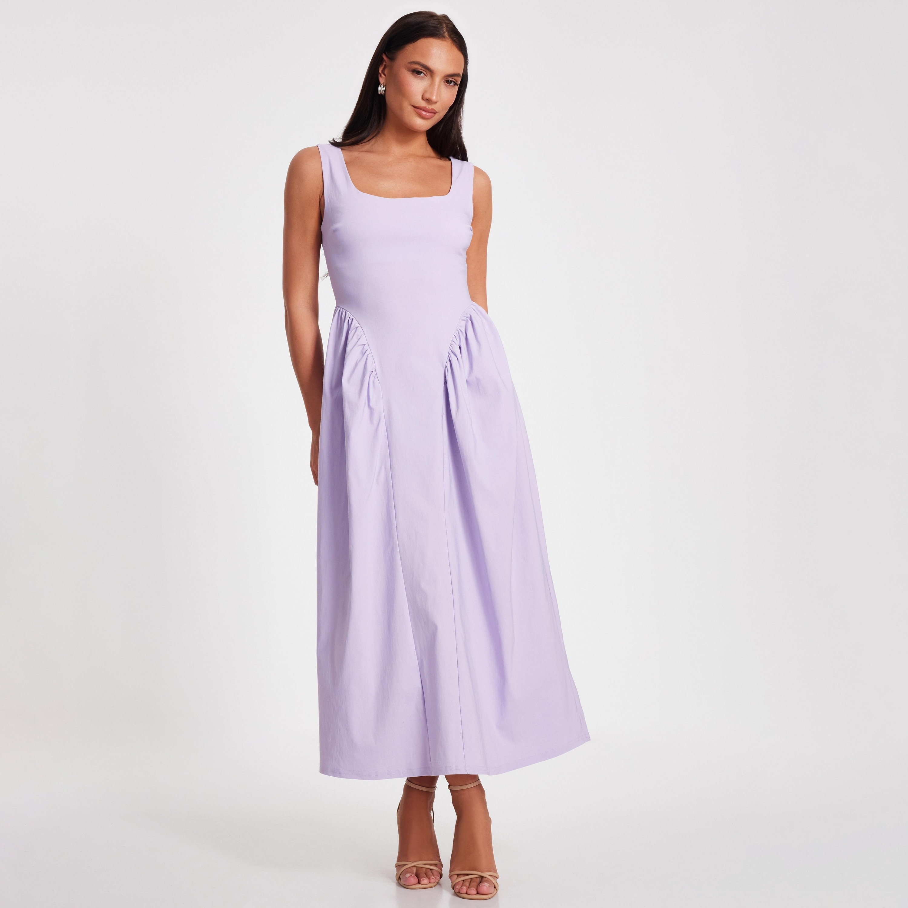 فستان بنغالين نسائي متوسط الطول أرجواني فاتح بفتحة رقبة مربعة من كويز-women-clothing-dresses-image-1
