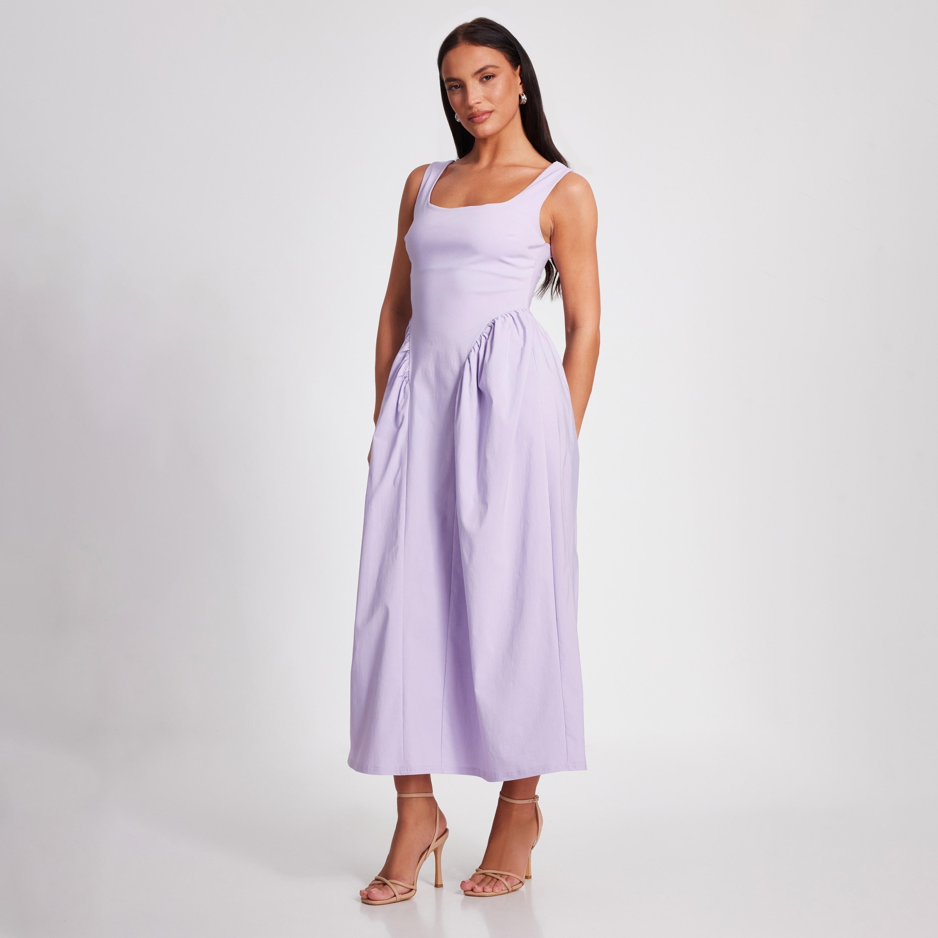 Quiz Bengaline Square Neck Skater Lilac Women Midi Dress-women-clothing-dresses-image-2