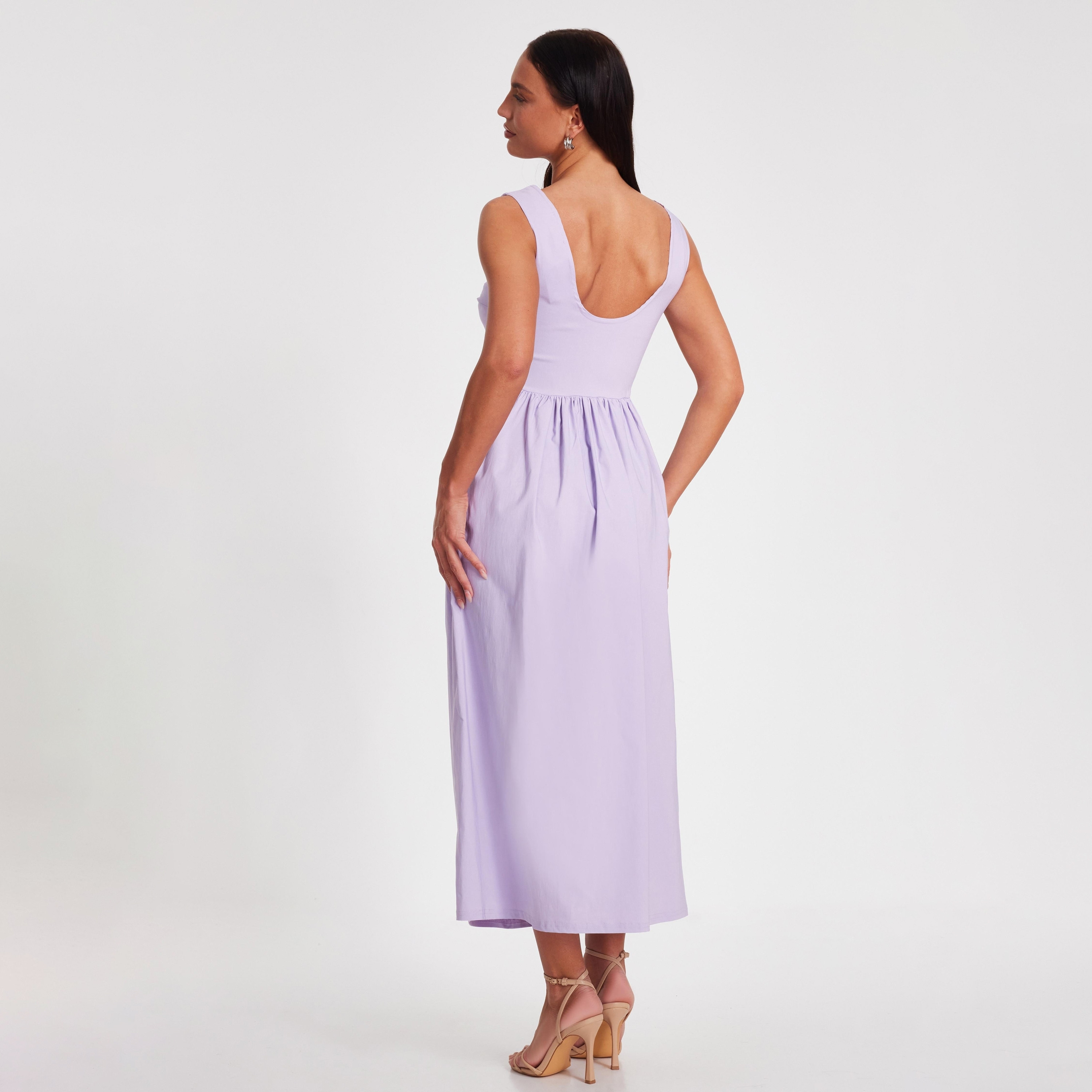 فستان بنغالين نسائي متوسط الطول أرجواني فاتح بفتحة رقبة مربعة من كويز-women-clothing-dresses-image-3