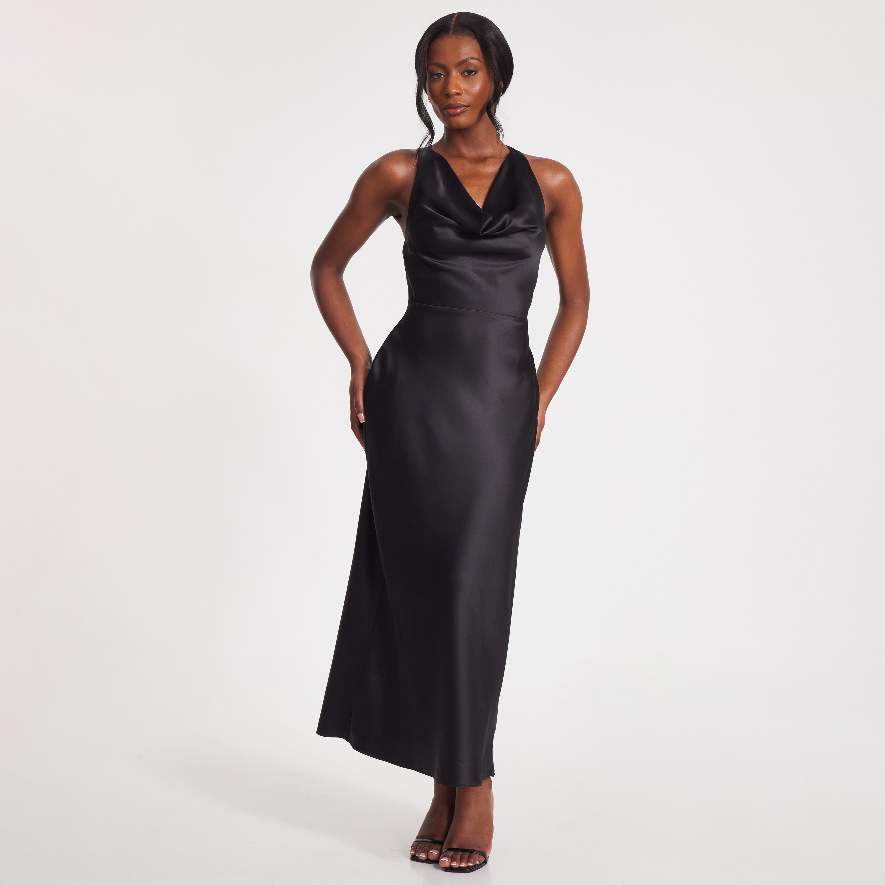 فستان سهرة طويل من الساتان الأسود برقبة واسعة للنساء من Quiz-women-clothing-dresses-image-1