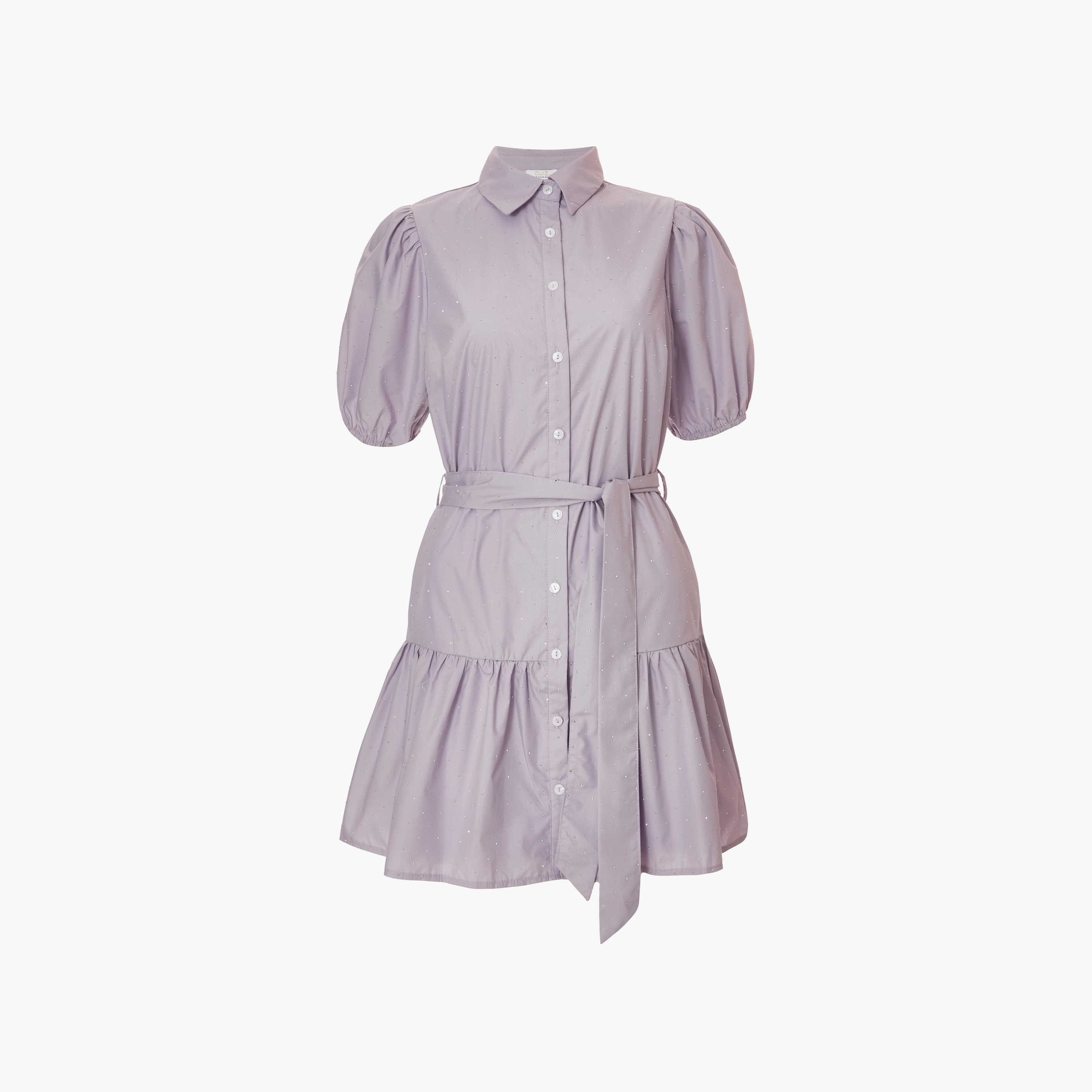 Quiz Lilac Hotfix Embellished Puff Sleeves Womens Shirt Mini Dress-women-clothing-dresses-image-5