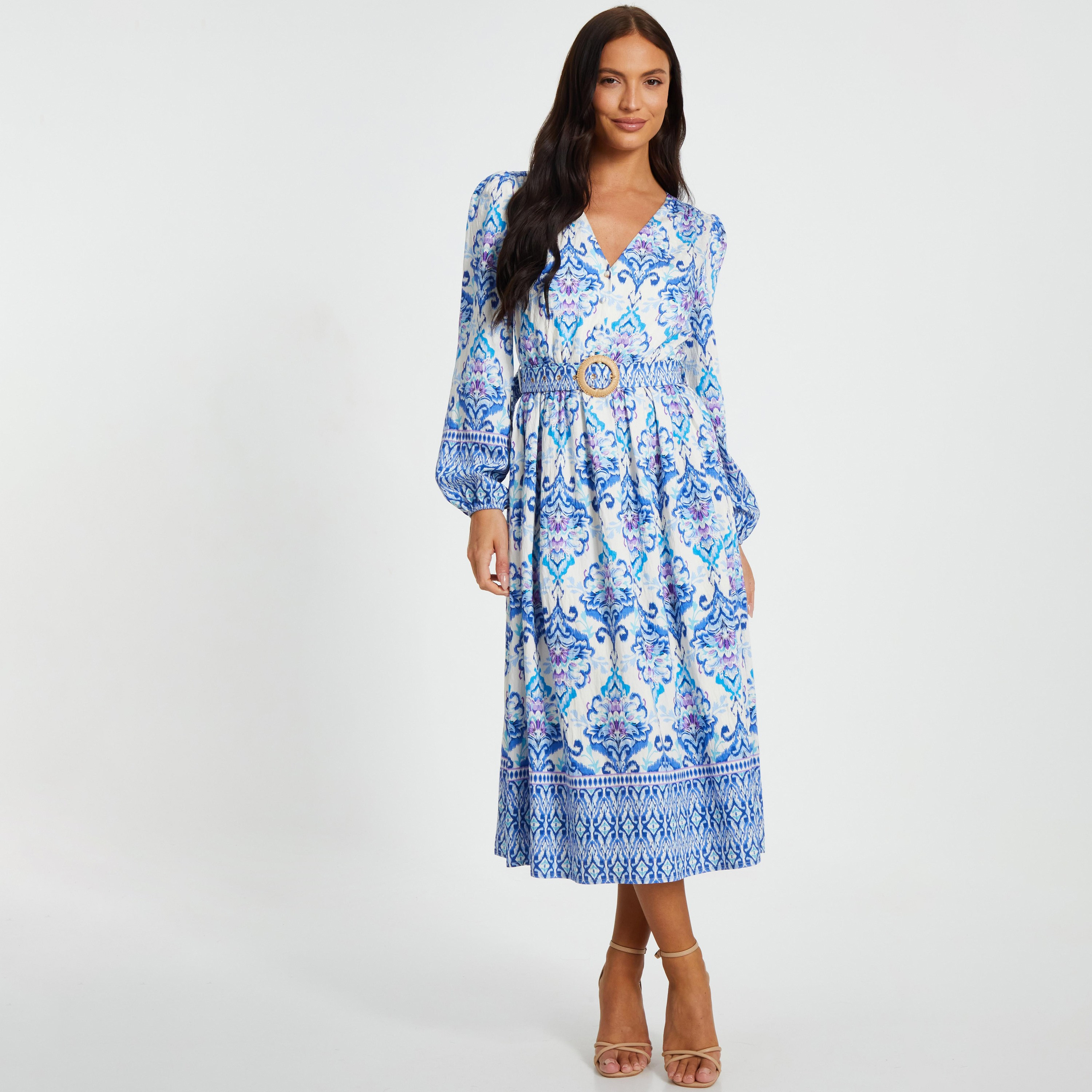 فستان نسائي متوسط ​​الطول مطبوع على شكل حرف A باللون الأزرق من Quiz-women-clothing-dresses-image-1