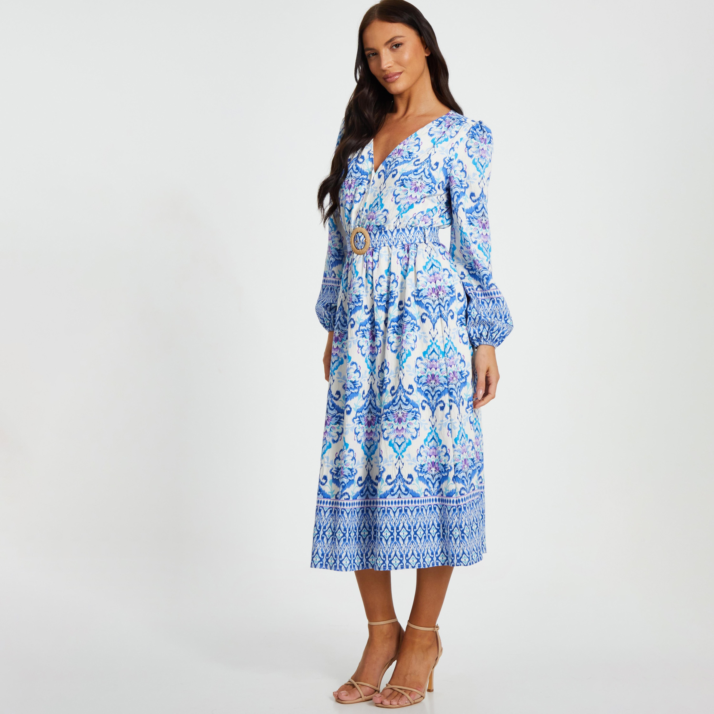 فستان نسائي متوسط ​​الطول مطبوع على شكل حرف A باللون الأزرق من Quiz-women-clothing-dresses-image-2