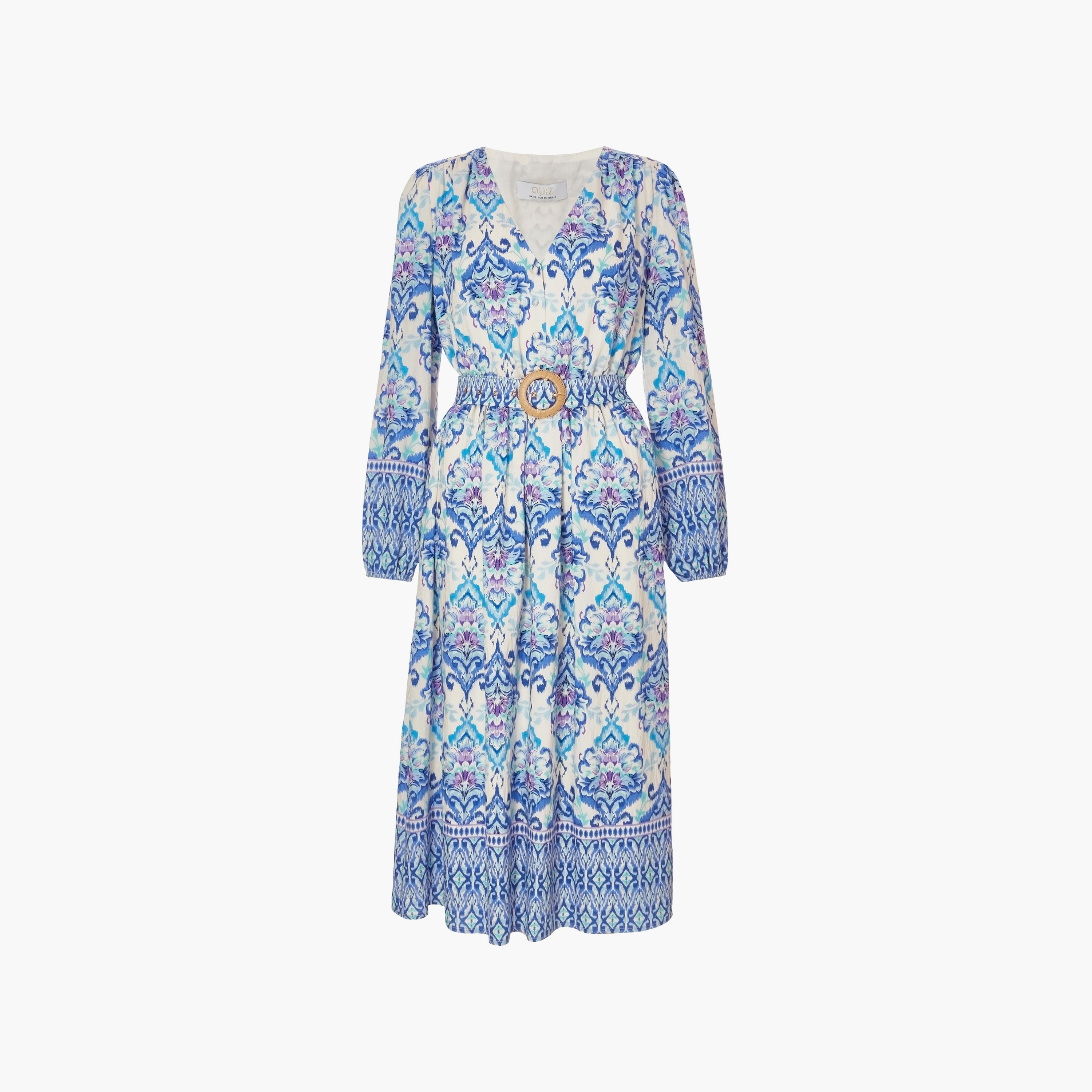 فستان نسائي متوسط ​​الطول مطبوع على شكل حرف A باللون الأزرق من Quiz-women-clothing-dresses-image-5