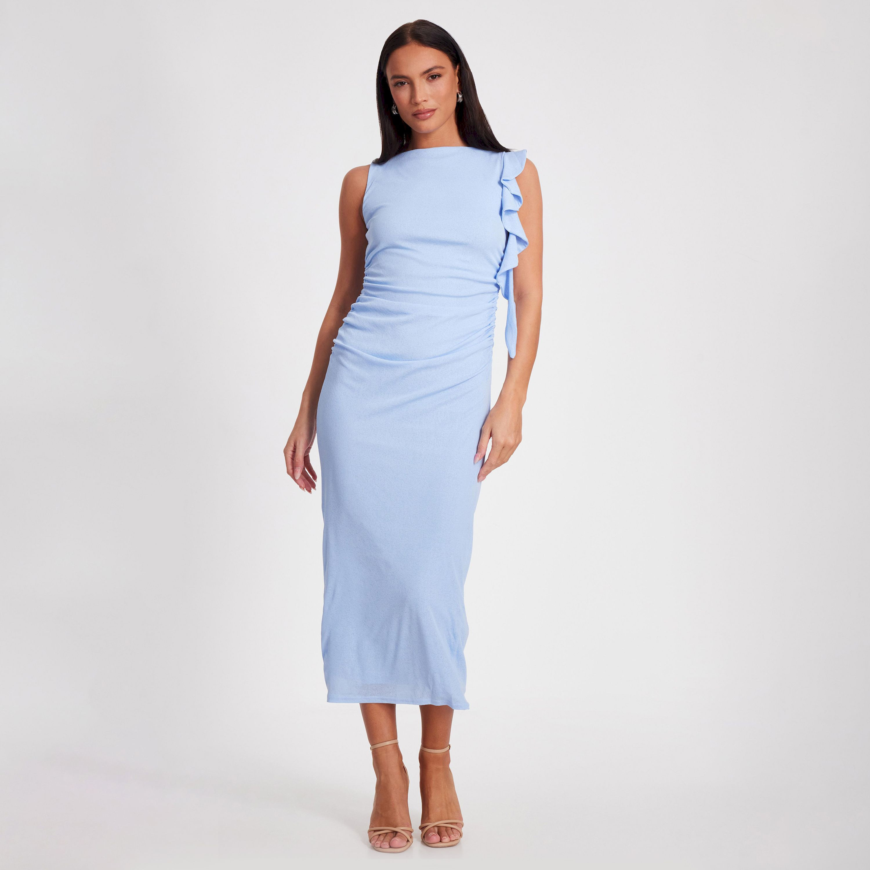 كويز-  فستان متوسط ​​الطول بدون أكمام من قماش الجيرسيه بلون أزرق فاتح مع كشكشة-women-clothing-dresses-image-1