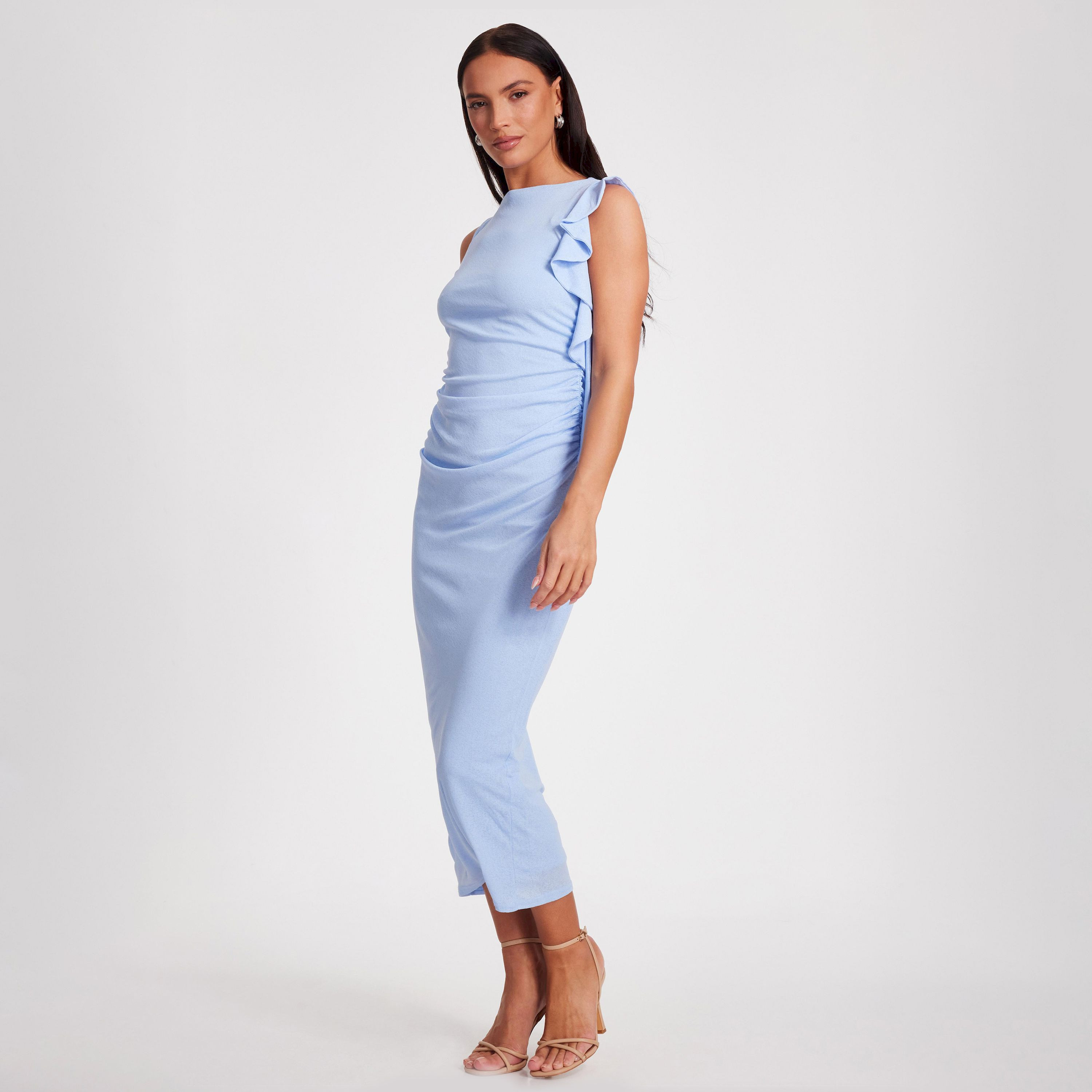 كويز-  فستان متوسط ​​الطول بدون أكمام من قماش الجيرسيه بلون أزرق فاتح مع كشكشة-women-clothing-dresses-image-2