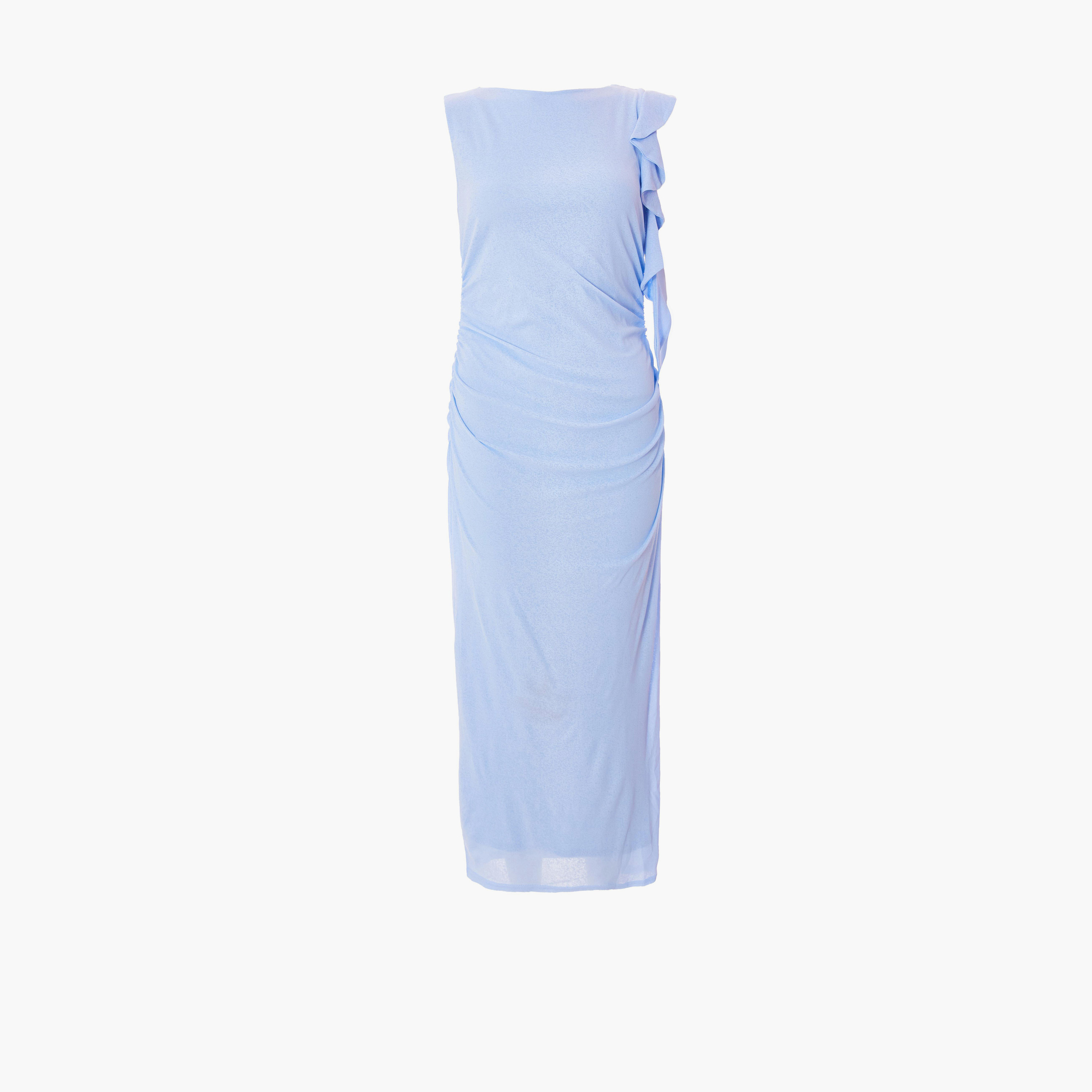 كويز-  فستان متوسط ​​الطول بدون أكمام من قماش الجيرسيه بلون أزرق فاتح مع كشكشة-women-clothing-dresses-image-4