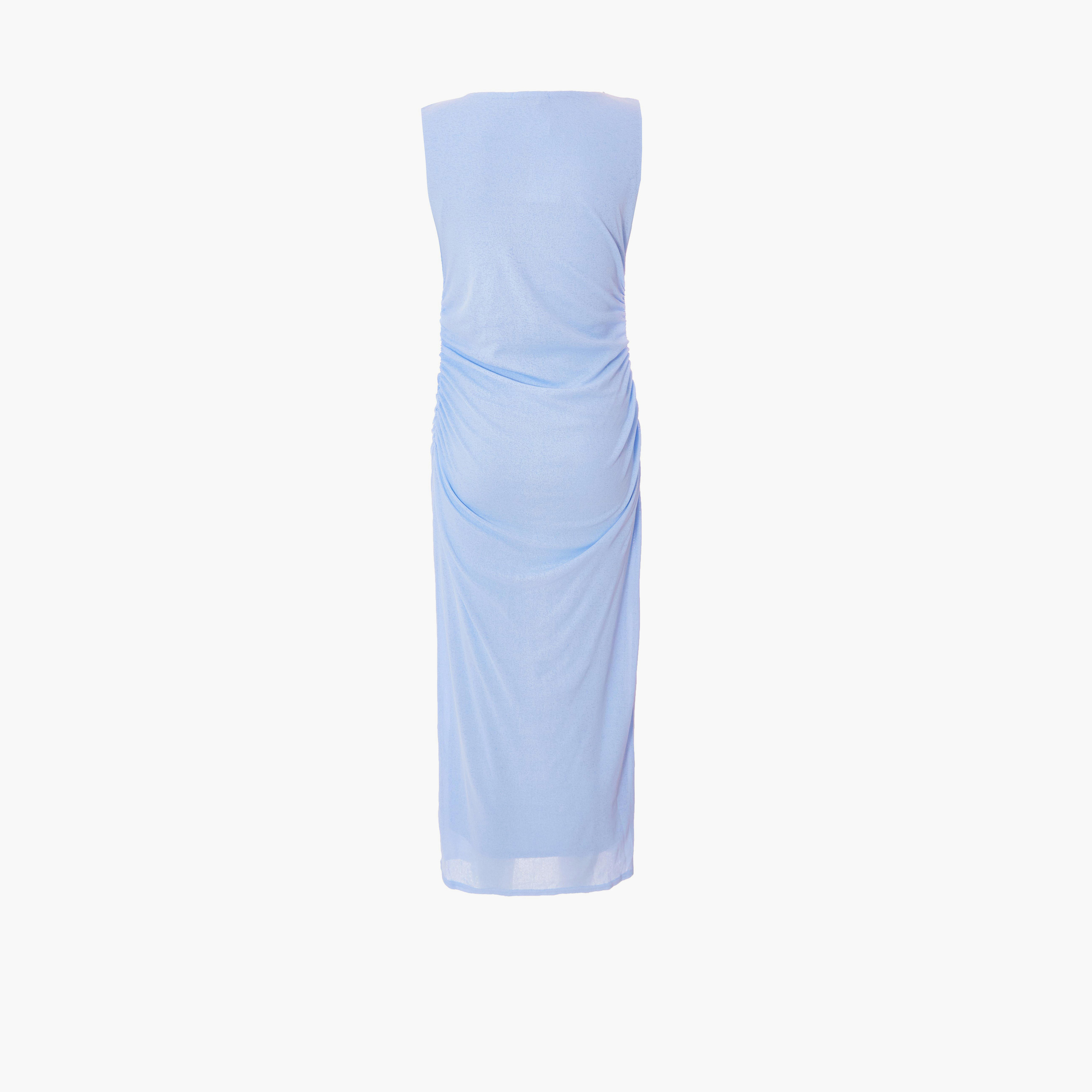 كويز-  فستان متوسط ​​الطول بدون أكمام من قماش الجيرسيه بلون أزرق فاتح مع كشكشة-women-clothing-dresses-image-5