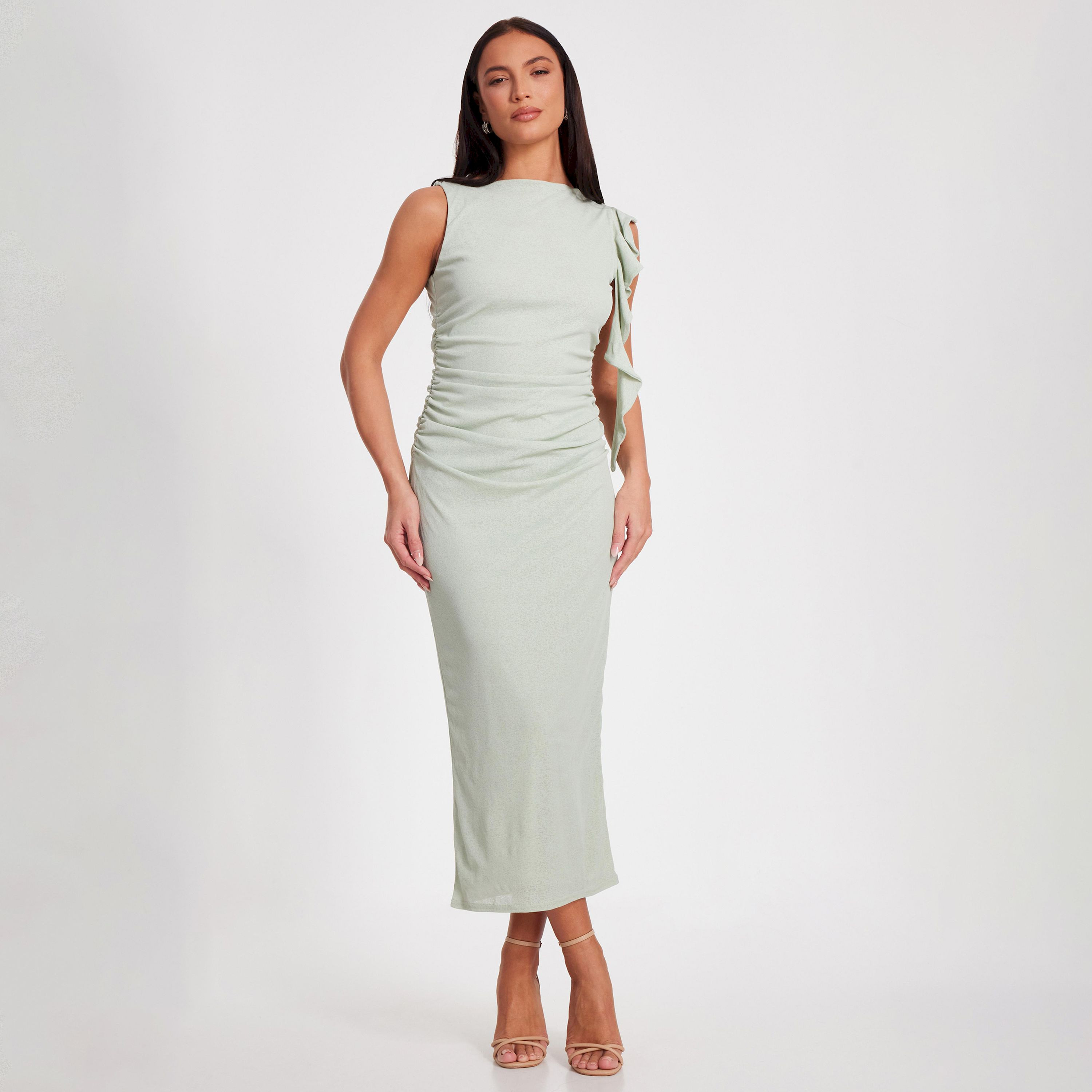 كويز-  فستان متوسط ​​الطول بدون أكمام من قماش الجيرسيه بلون أخضر غامق مع كشكشة-women-clothing-dresses-image-1