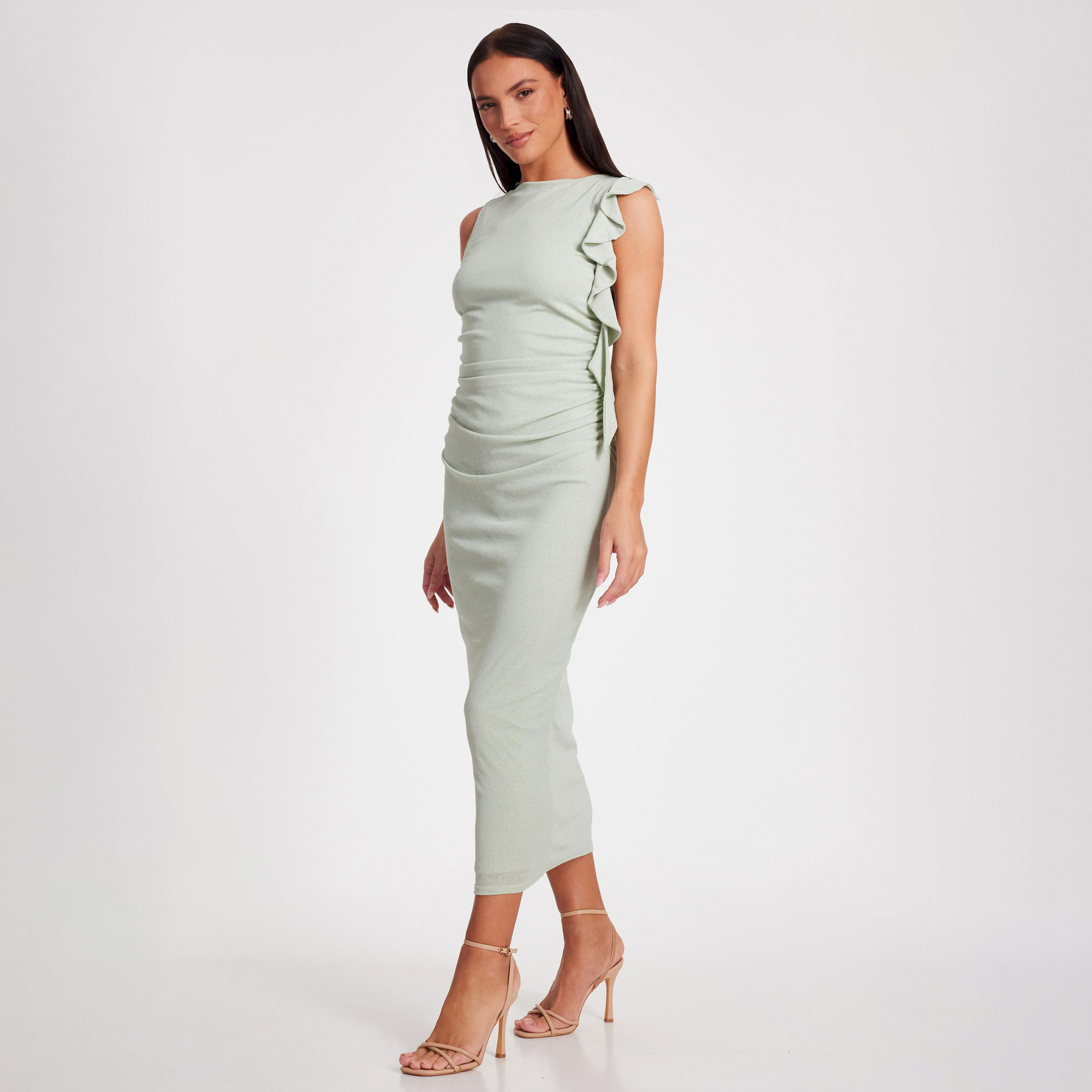 كويز-  فستان متوسط ​​الطول بدون أكمام من قماش الجيرسيه بلون أخضر غامق مع كشكشة-women-clothing-dresses-image-2