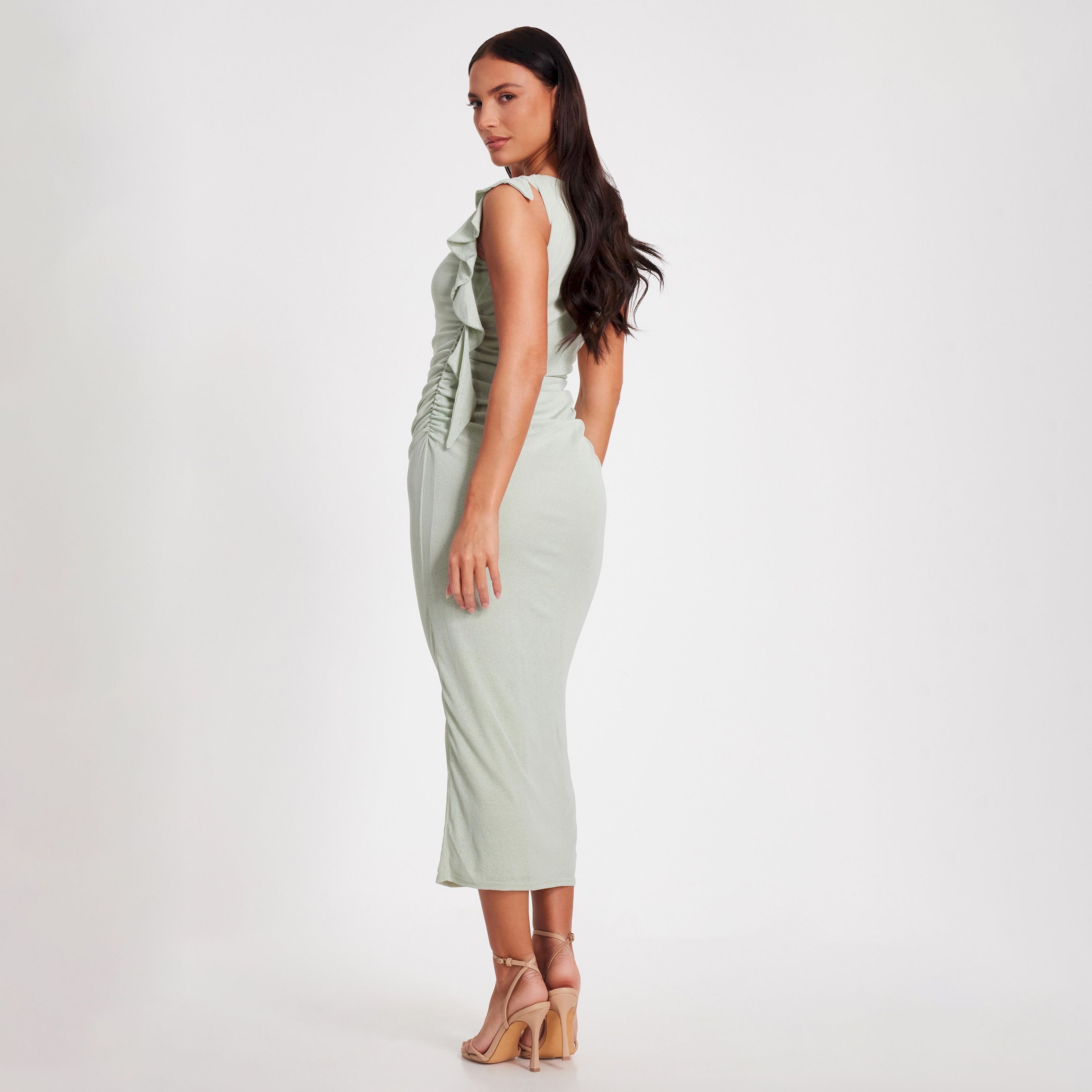 كويز-  فستان متوسط ​​الطول بدون أكمام من قماش الجيرسيه بلون أخضر غامق مع كشكشة-women-clothing-dresses-image-3