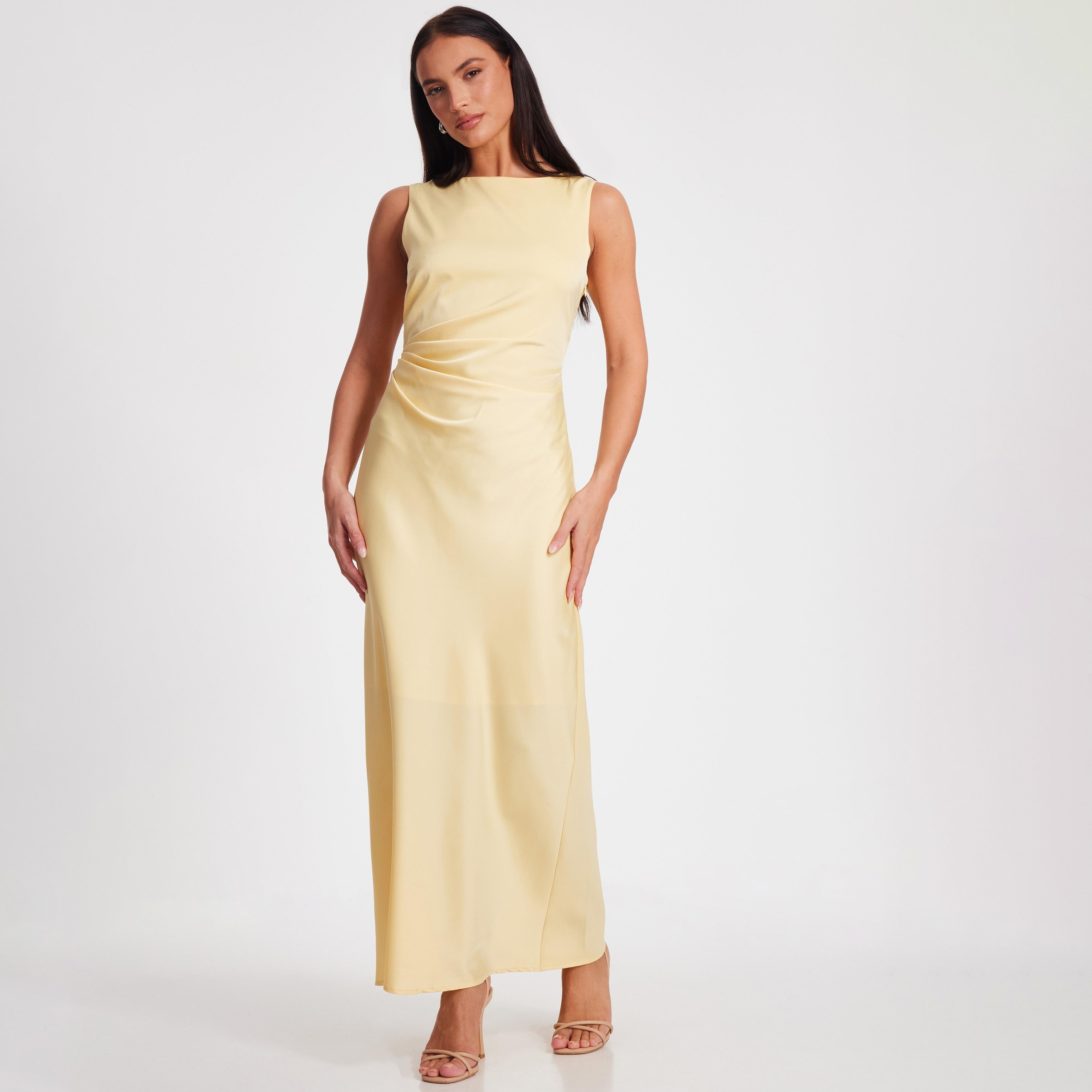 فستان ماكسي نسائي أصفر اللون من الساتان المكشكش من كويز-women-clothing-dresses-image-1