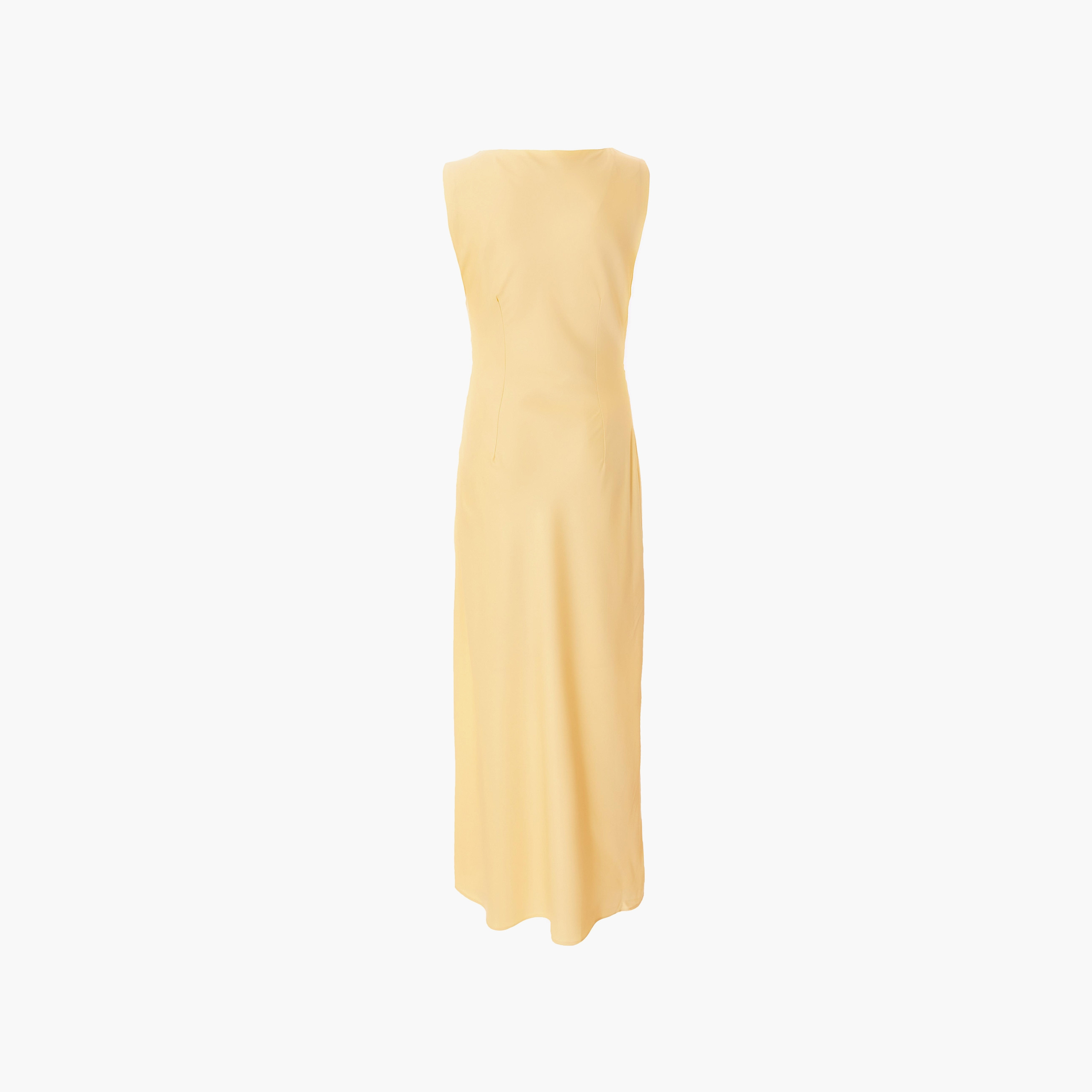 فستان ماكسي نسائي أصفر اللون من الساتان المكشكش من كويز-women-clothing-dresses-image-6
