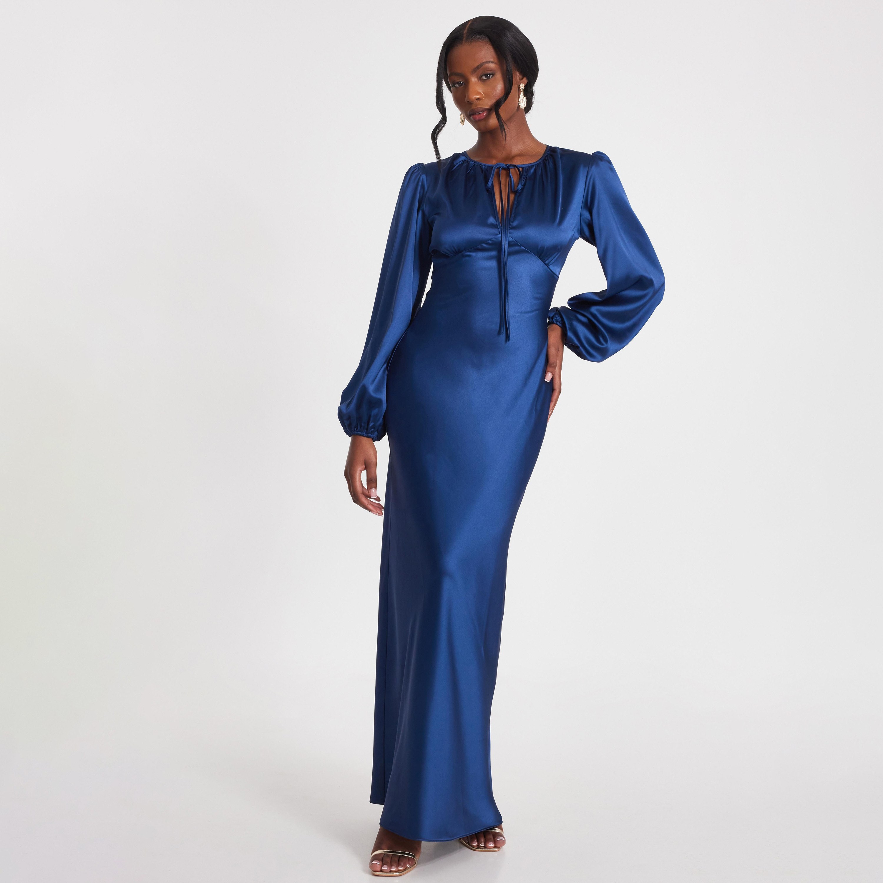 Quiz Navy Blue Satin Tie-Neck Women's Evening Maxi Dress-women-clothing-dresses-image-1