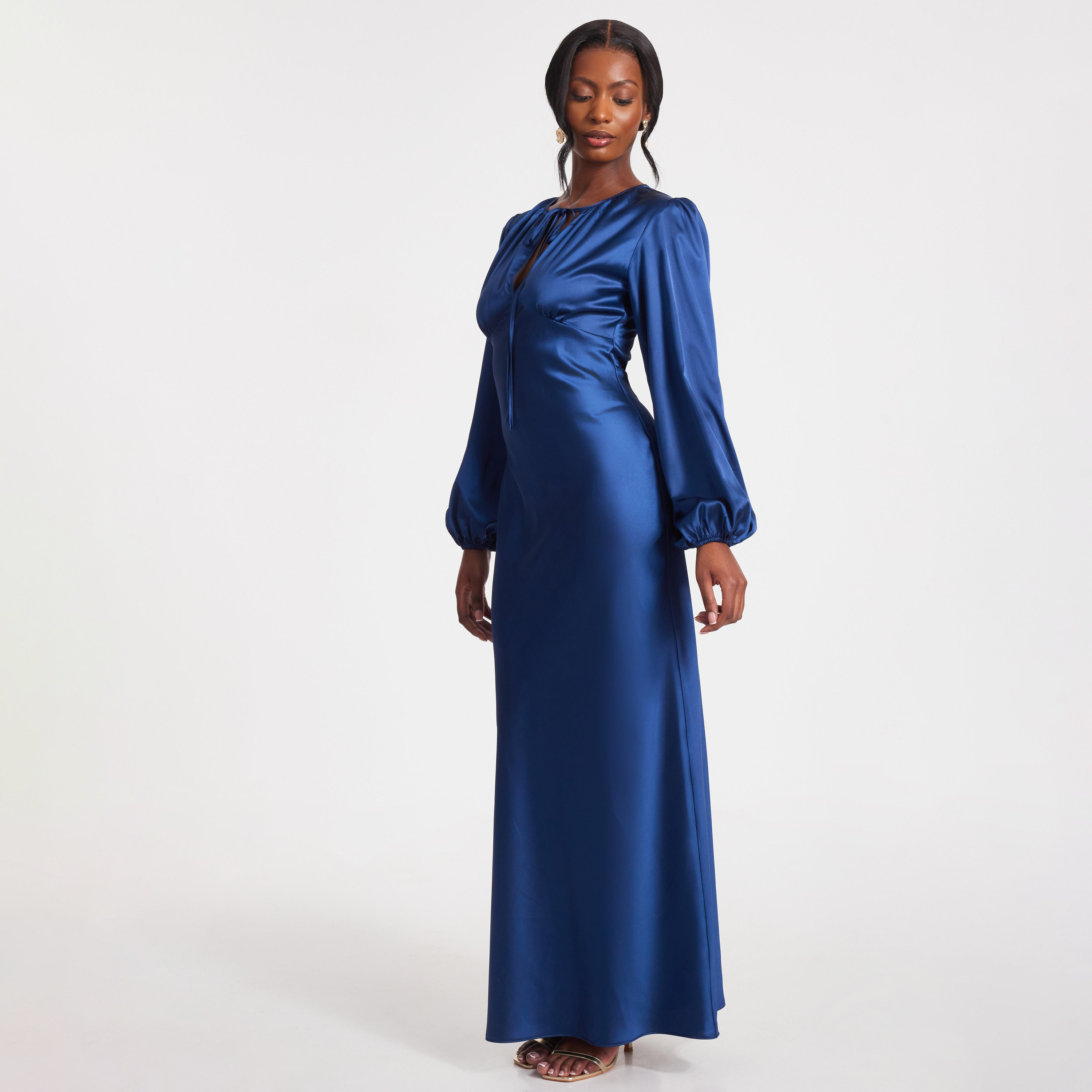 Quiz Navy Blue Satin Tie-Neck Women's Evening Maxi Dress-women-clothing-dresses-image-2