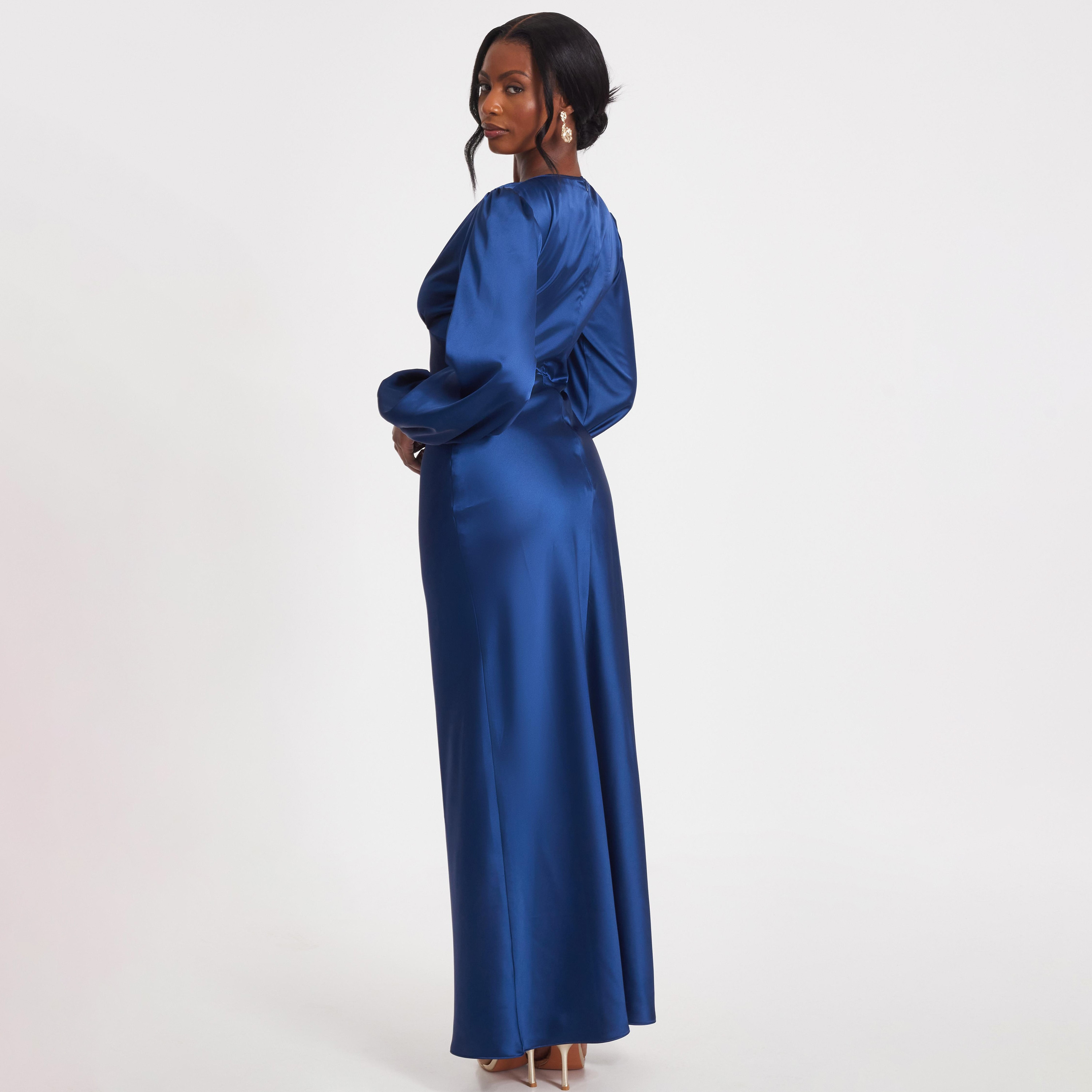 Quiz Navy Blue Satin Tie-Neck Women's Evening Maxi Dress-women-clothing-dresses-image-3