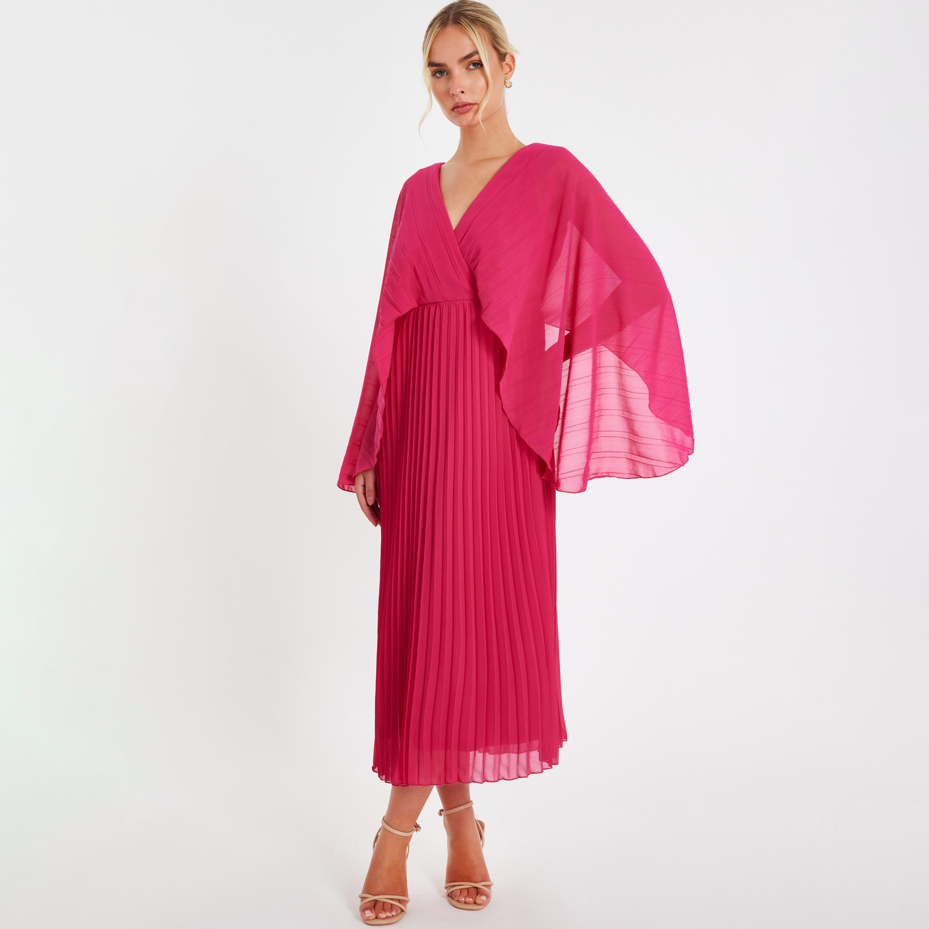 Quiz Chiffon Cape Sleeves Pleated Women's Midi Dress-women-clothing-dresses-image-1