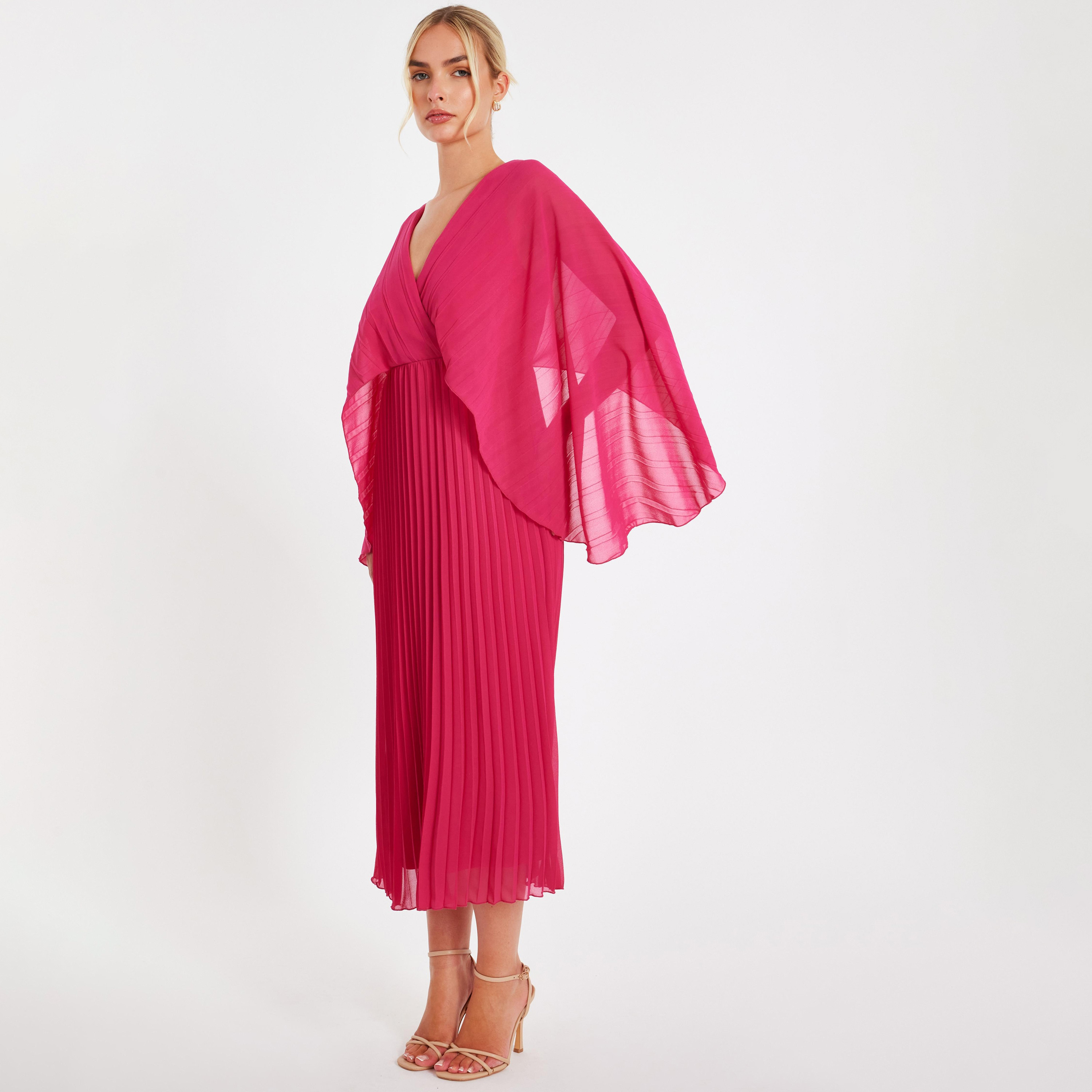 فستان شيفون متوسط الطول بأكمام كاب ومطوي للنساء من كويز-women-clothing-dresses-image-8