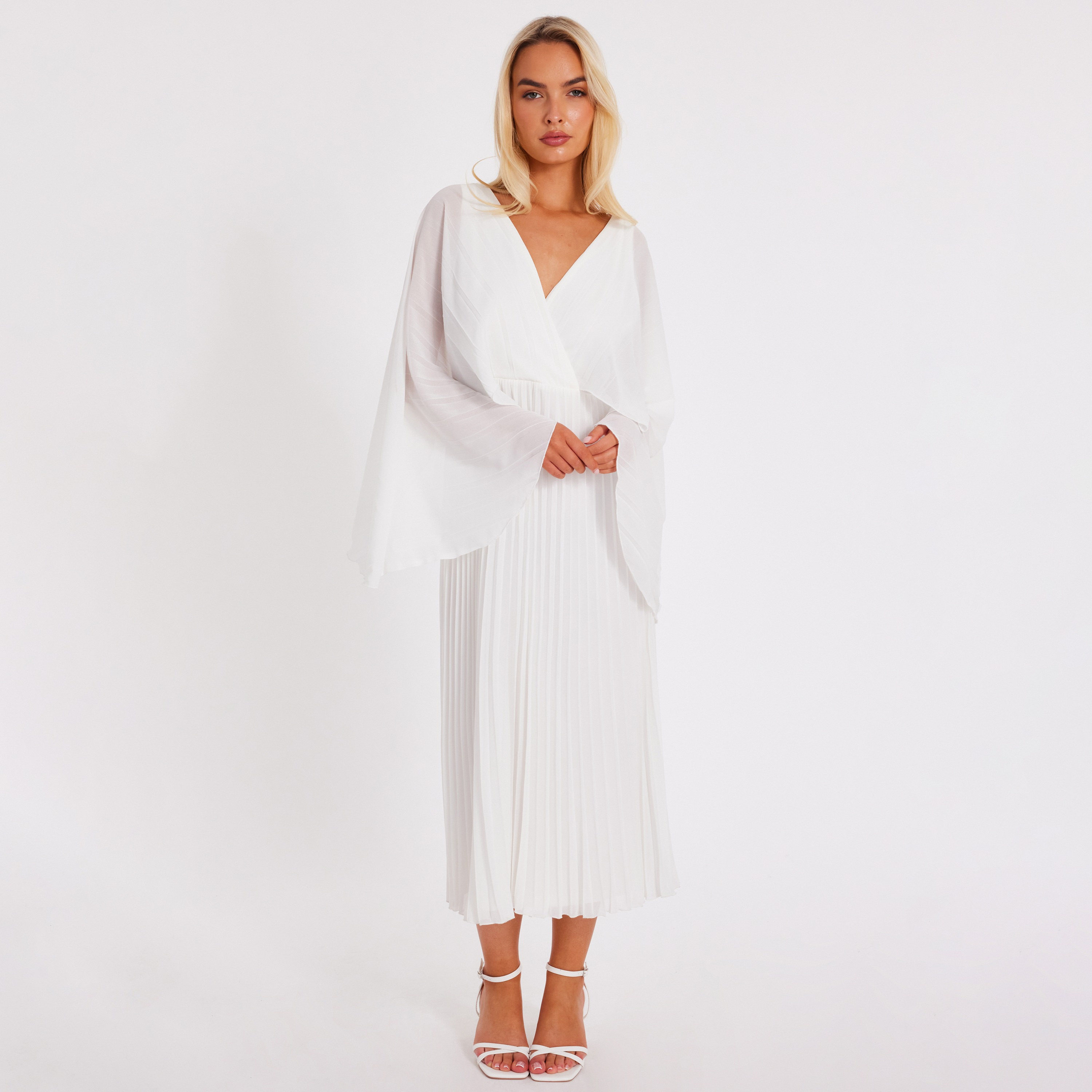 فستان شيفون متوسط الطول بأكمام كاب ومطوي للنساء من كويز-women-clothing-dresses-image-1