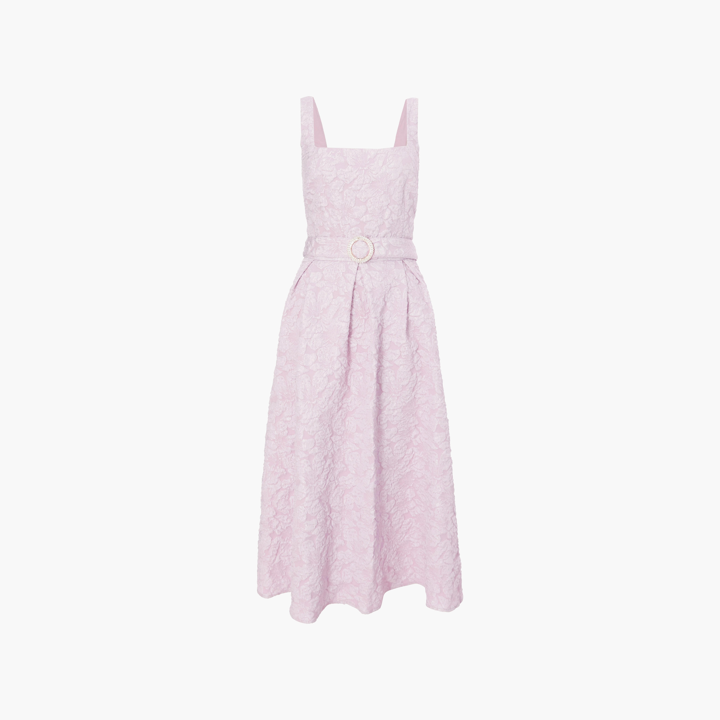 فستان متوسط الطول وردي اللون من قماش الجاكار المزخرف برقبة مربعة للنساء من كويز-women-clothing-dresses-image-5