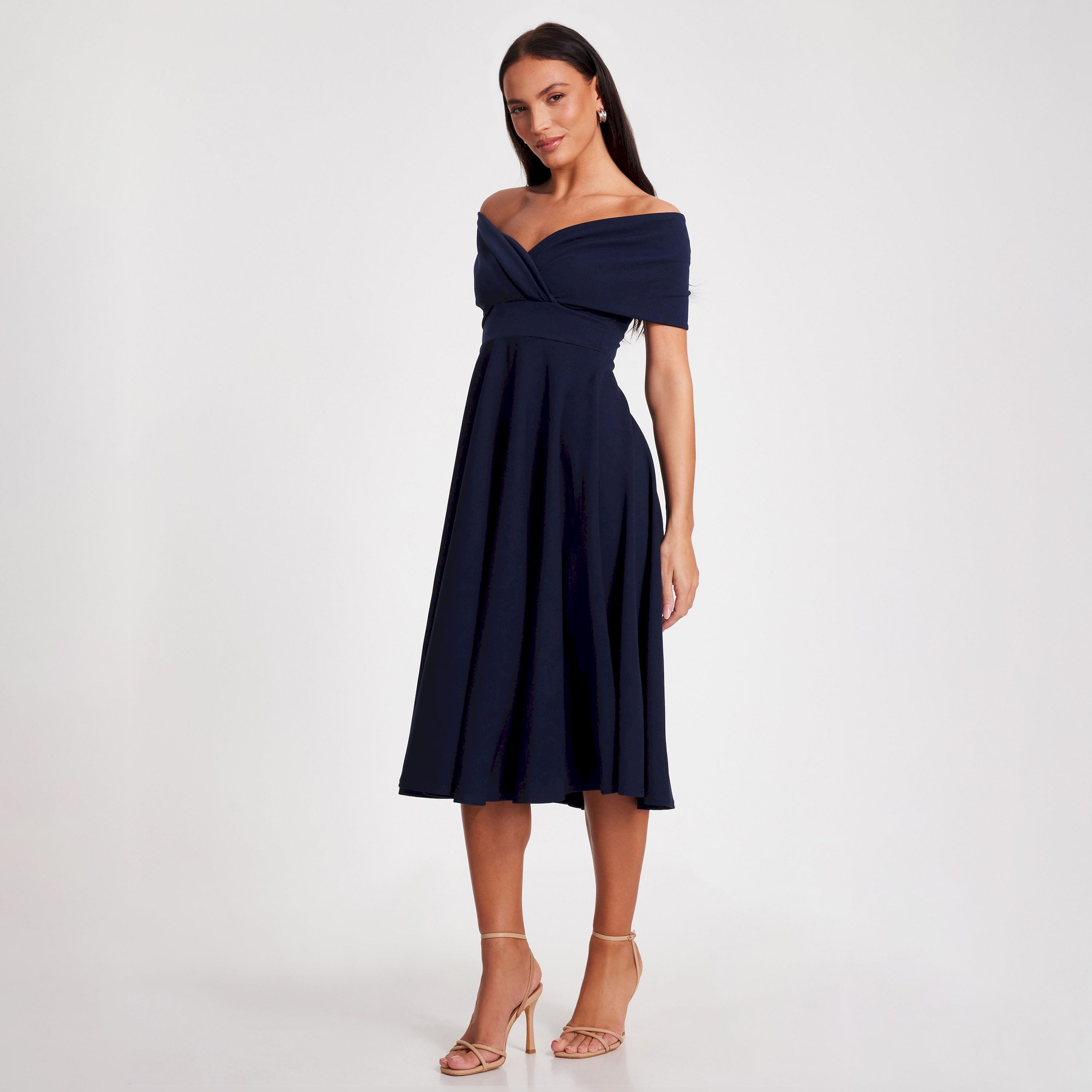 Quiz Navy Scuba Crepe Bardot Wrap Midi Women's Evening Wear Midi Skater Dress-women-clothing-dresses-image-2