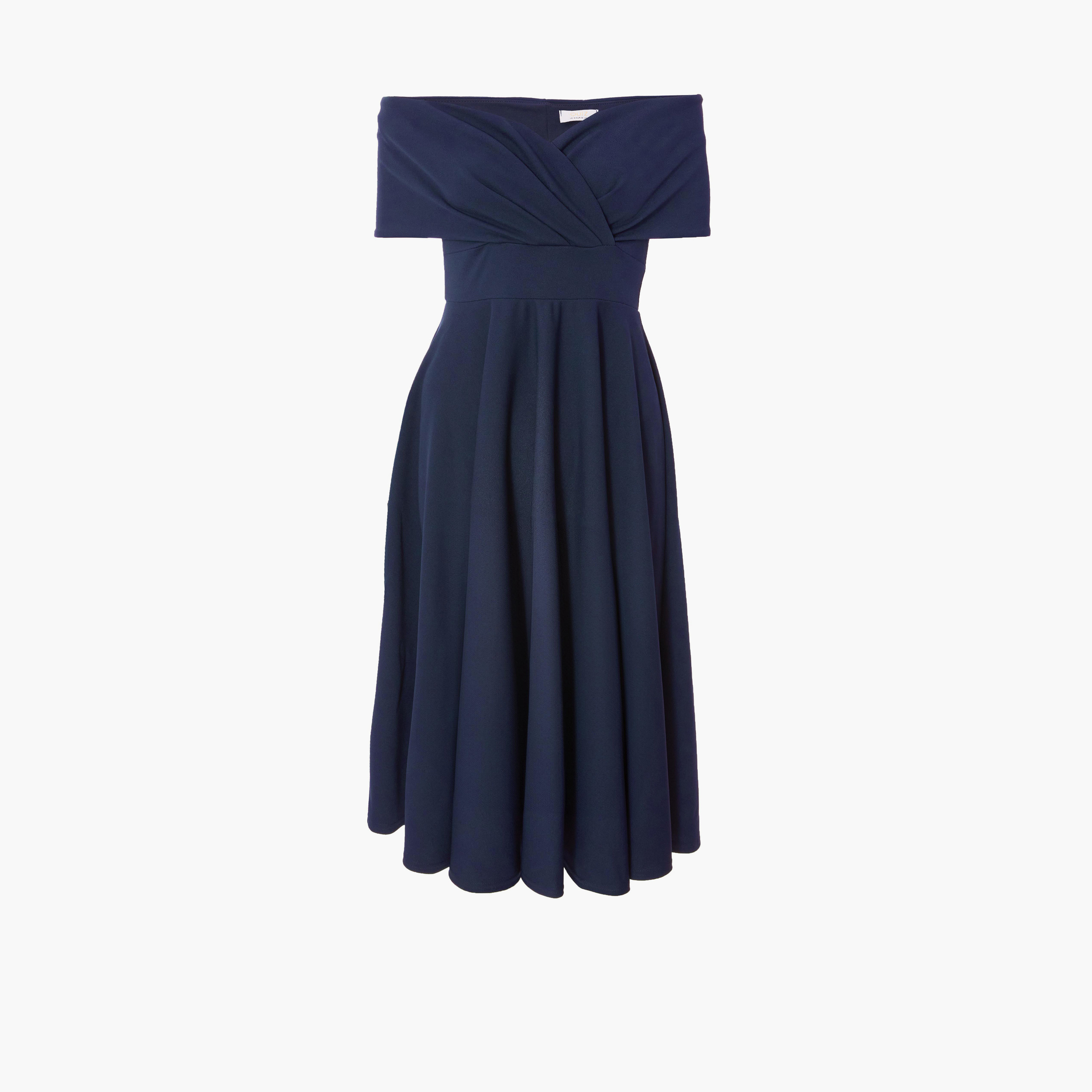 Quiz Navy Scuba Crepe Bardot Wrap Midi Women's Evening Wear Midi Skater Dress-women-clothing-dresses-image-4