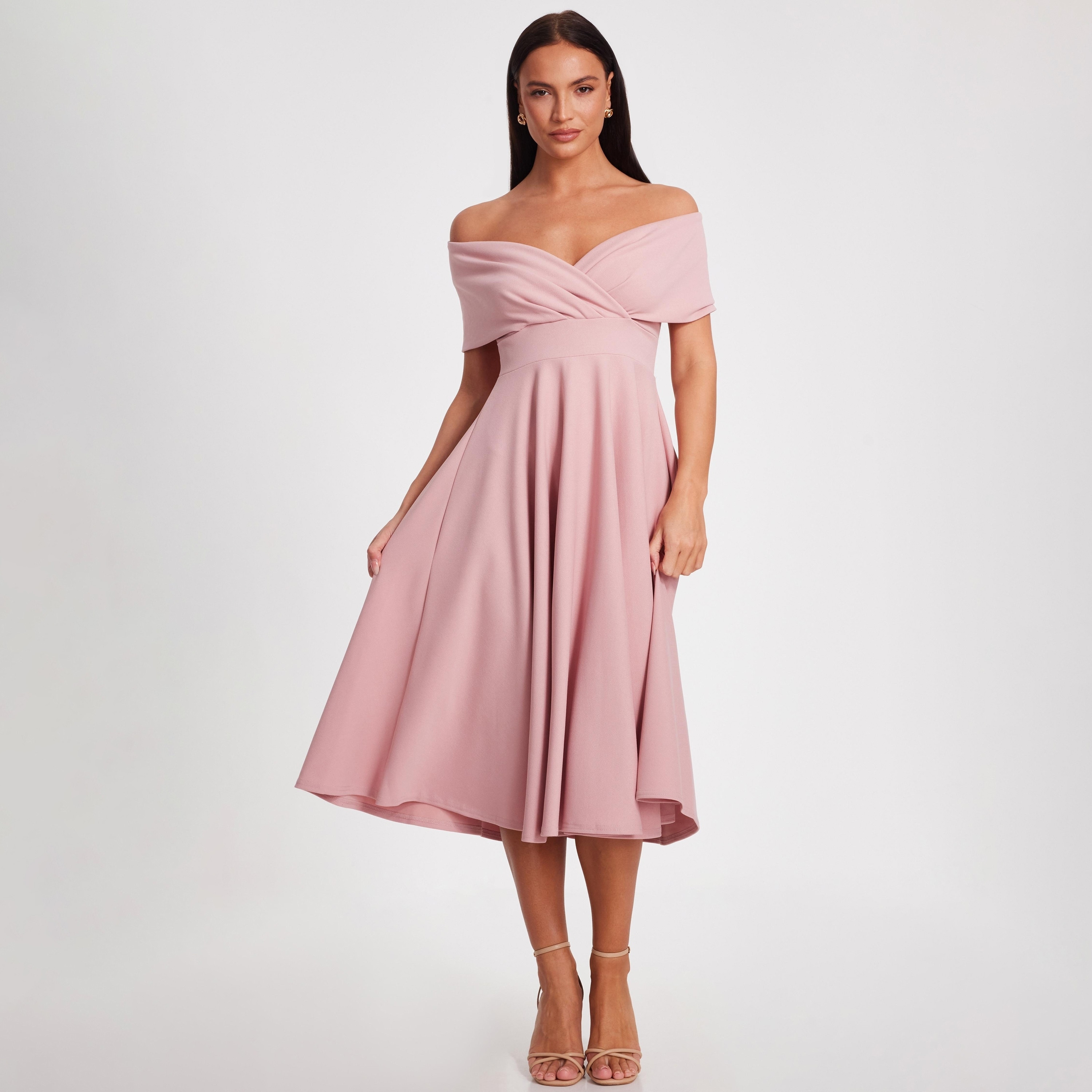 Quiz Scuba Crepe Bardot Wrap Skater Blush Women Midi Dress-women-clothing-dresses-image-1