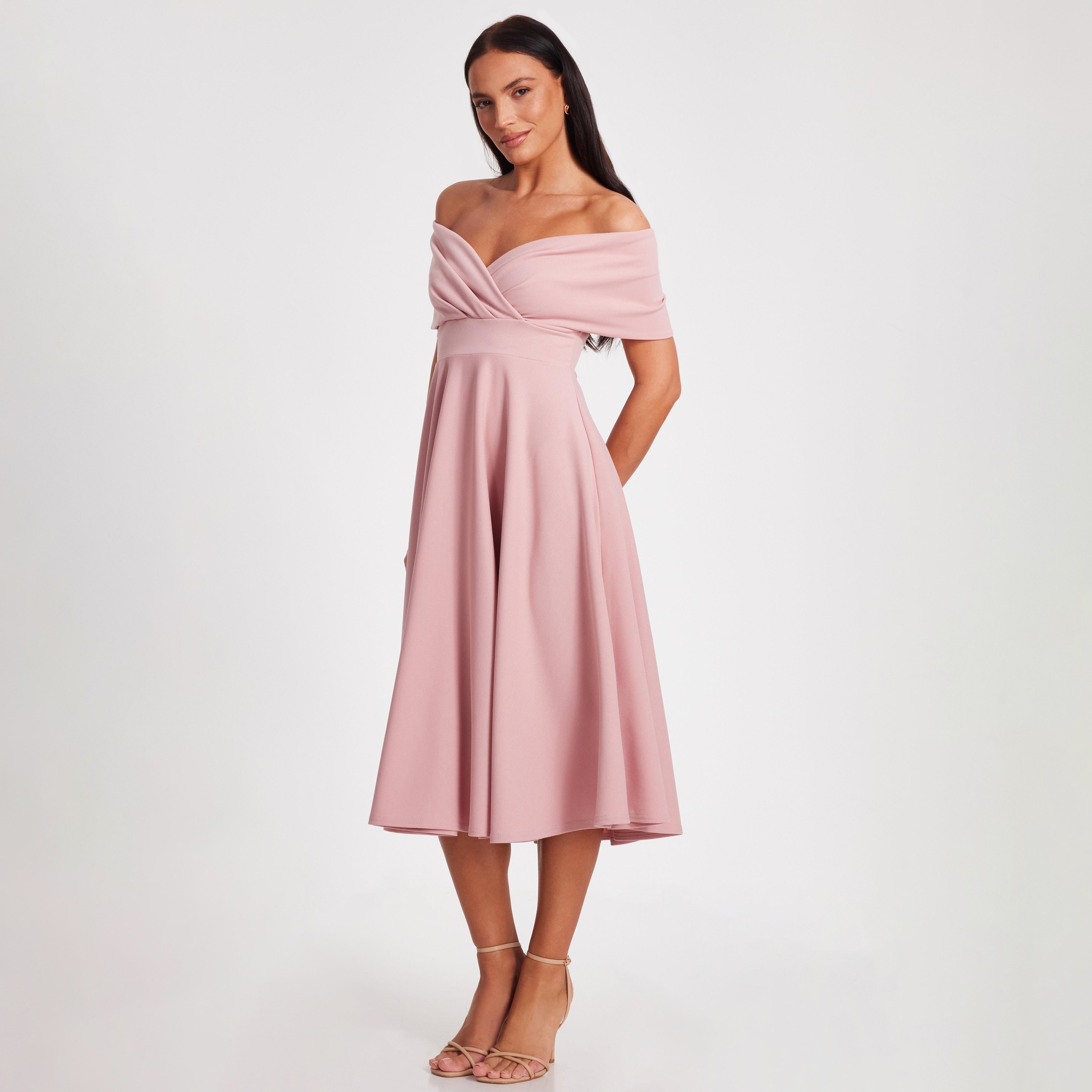 Quiz Scuba Crepe Bardot Wrap Skater Blush Women Midi Dress-women-clothing-dresses-image-2