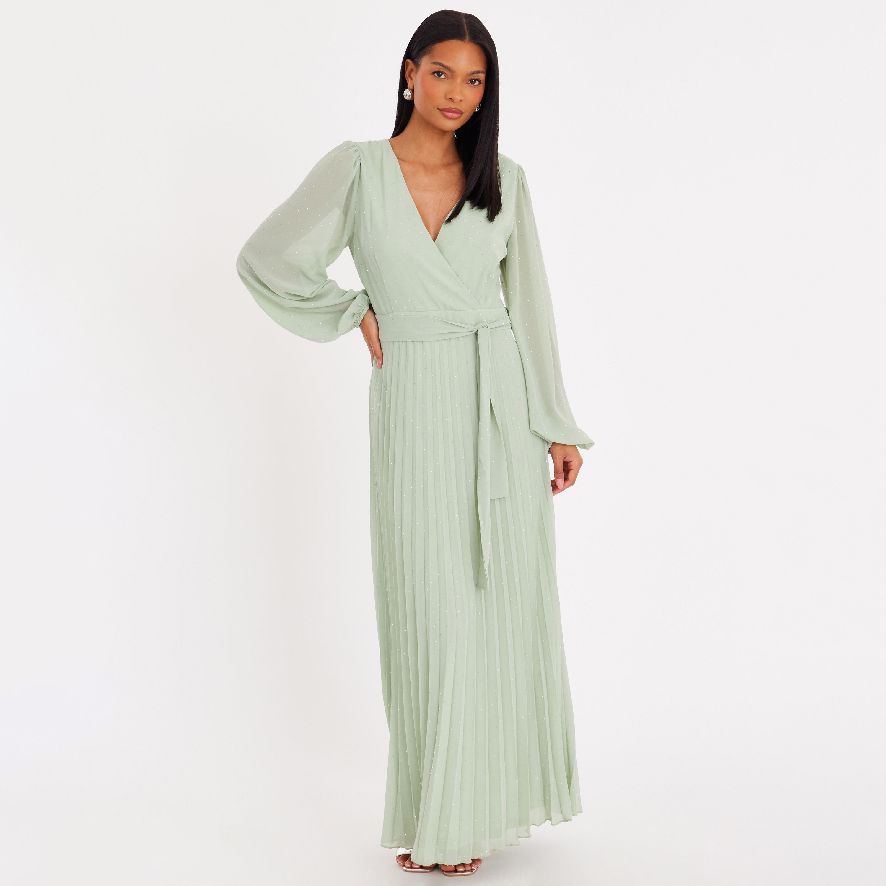 فستان نسائي لف بفتحة رقبة متداخلة من الشيفون المكسر - رمادي مخضر من كويز-women-clothing-dresses-image-1