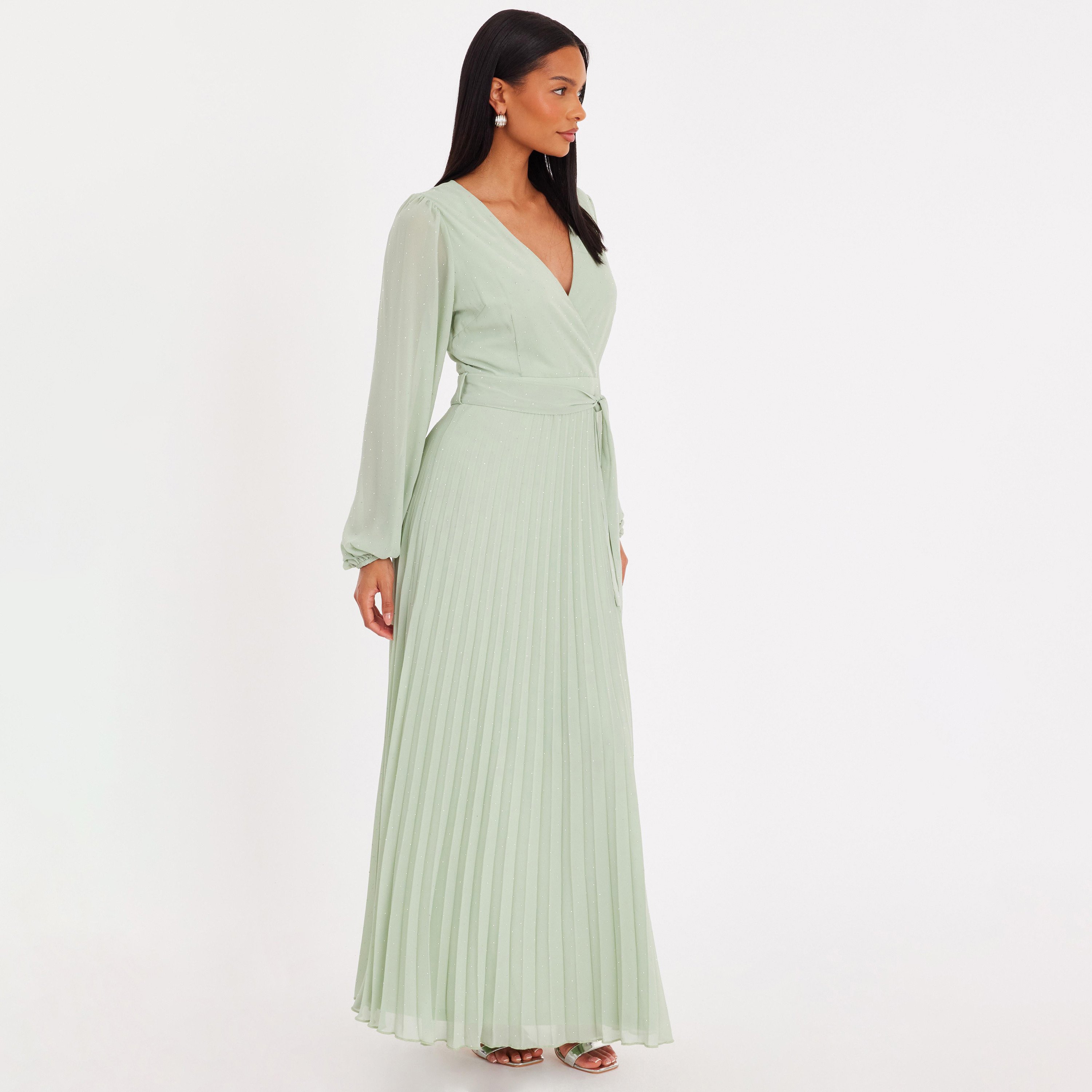 فستان نسائي لف بفتحة رقبة متداخلة من الشيفون المكسر - رمادي مخضر من كويز-women-clothing-dresses-image-2