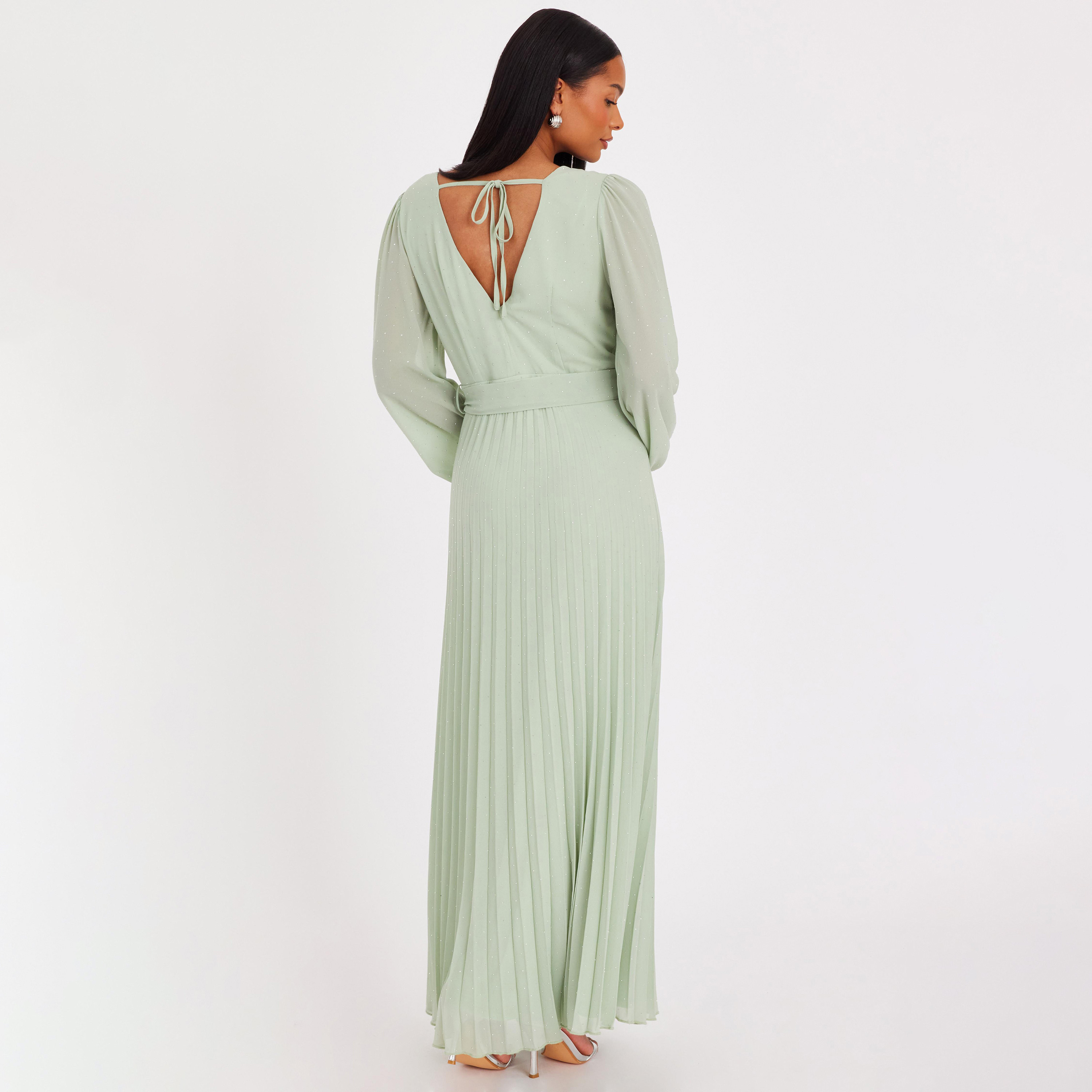 فستان نسائي لف بفتحة رقبة متداخلة من الشيفون المكسر - رمادي مخضر من كويز-women-clothing-dresses-image-3