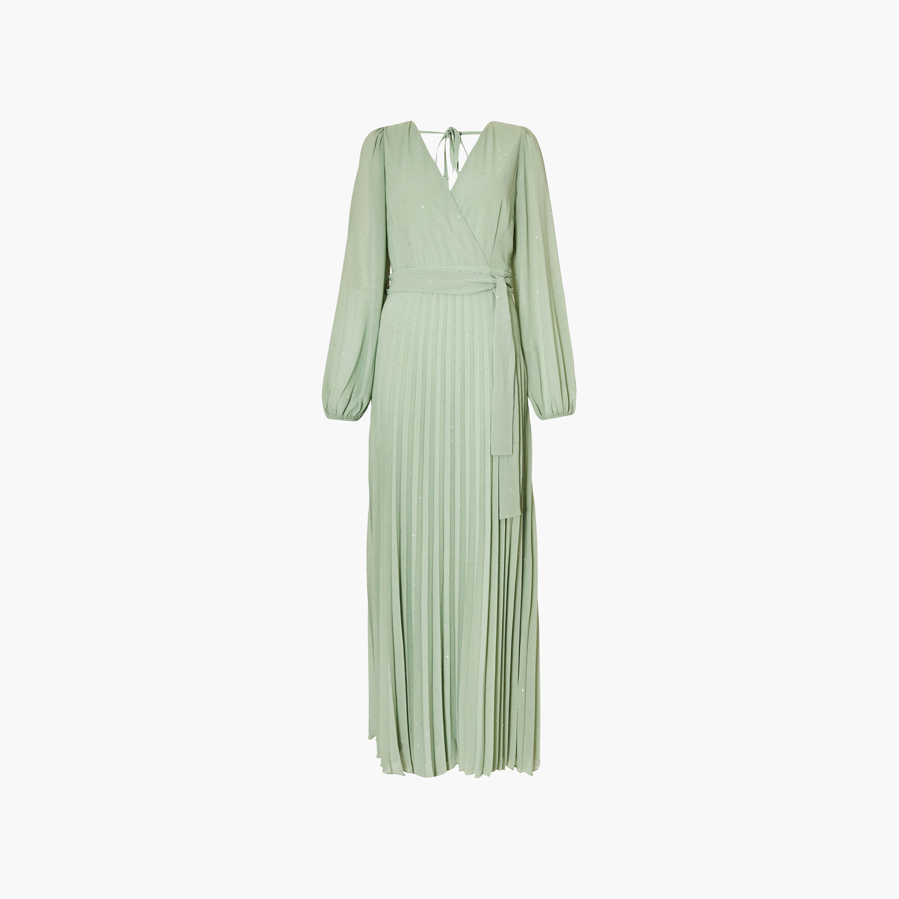 فستان نسائي لف بفتحة رقبة متداخلة من الشيفون المكسر - رمادي مخضر من كويز-women-clothing-dresses-image-5