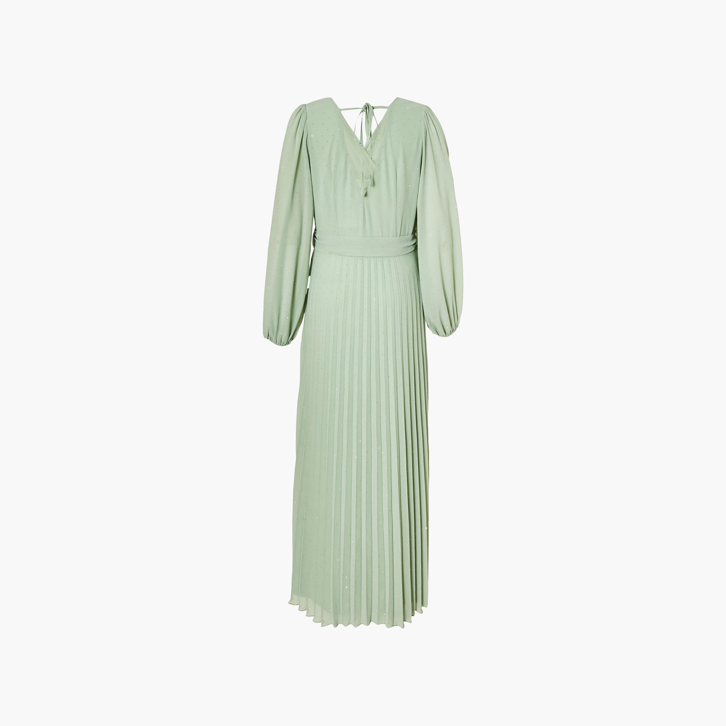 فستان نسائي لف بفتحة رقبة متداخلة من الشيفون المكسر - رمادي مخضر من كويز-women-clothing-dresses-image-6