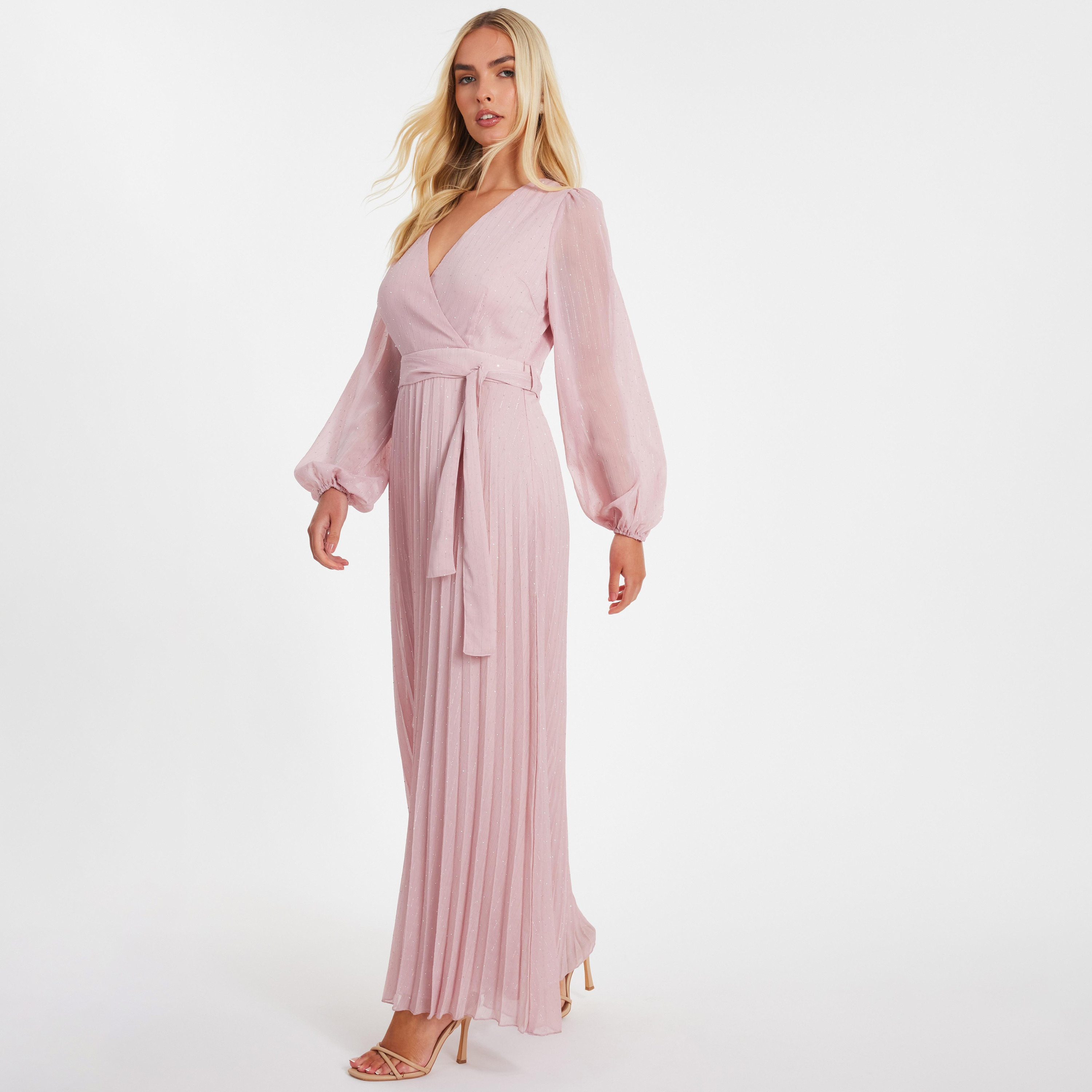فستان سهرة نسائي ماكسي وردي اللون بأكمام منفوخة من الشيفون مرصع بأحجار الراين من كويز-women-clothing-dresses-image-2