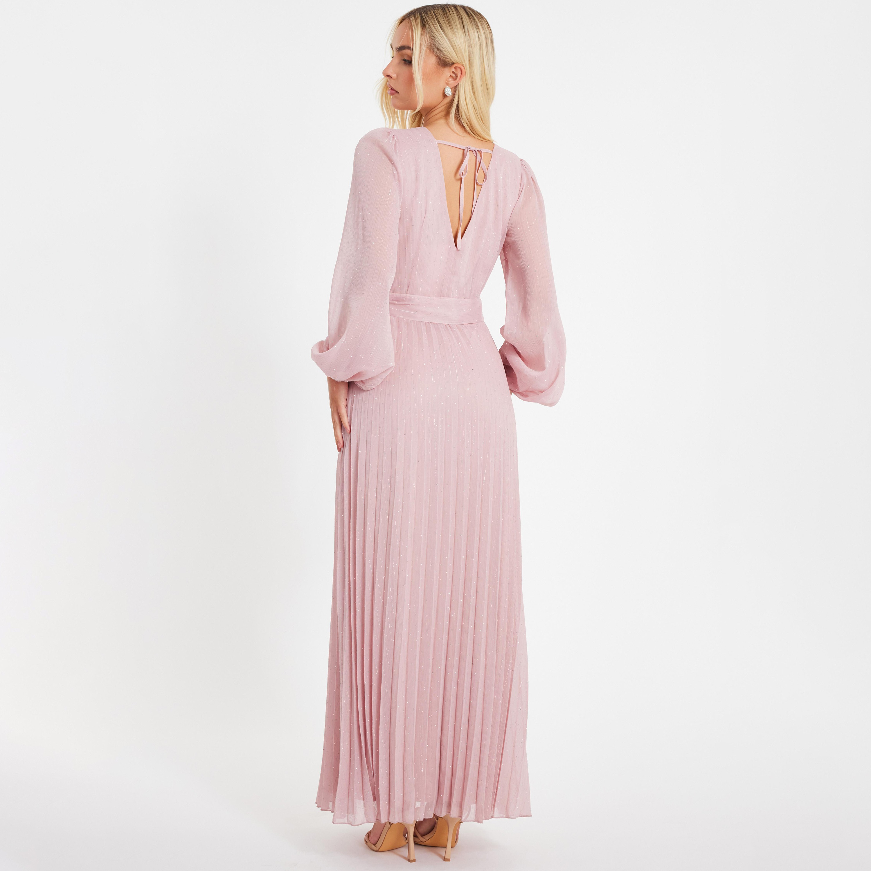 Quiz Rhinestone Chiffon Balloon Sleeves Pleated Pink Women's Evening Maxi Hotfix Dress-women-clothing-dresses-image-3